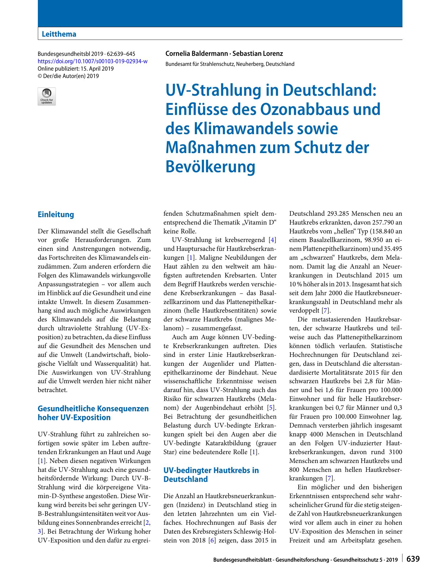 Vorschauseite 1: UV-Strahlung in Deutschland: Einflüsse des Ozonabbaus und des Klimawandels sowie Maßnahmen zum Schutz der Bevölkerung