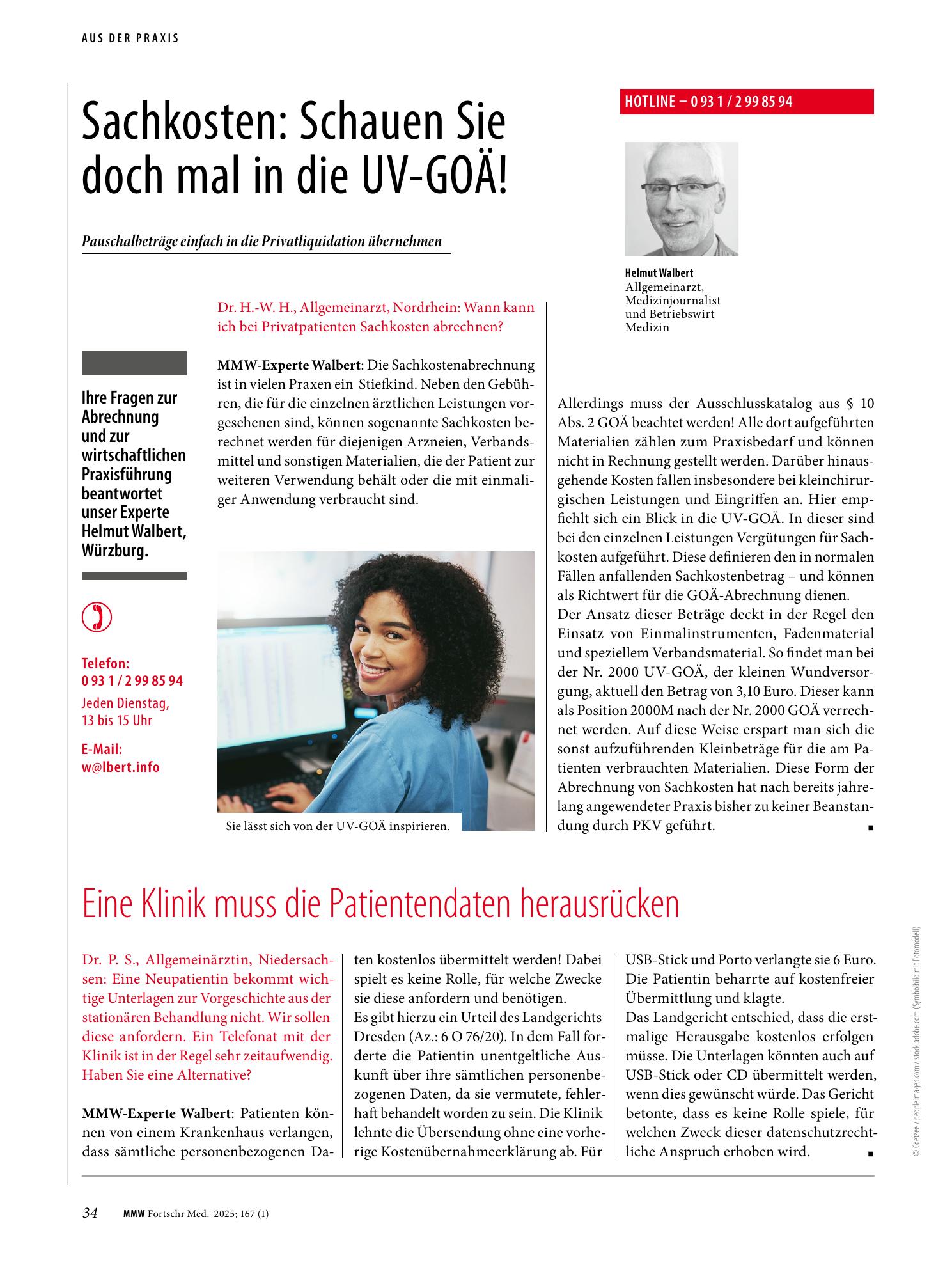 Vorschauseite 1: Sachkosten: Schauen Sie doch mal in die UV-GOÄ!