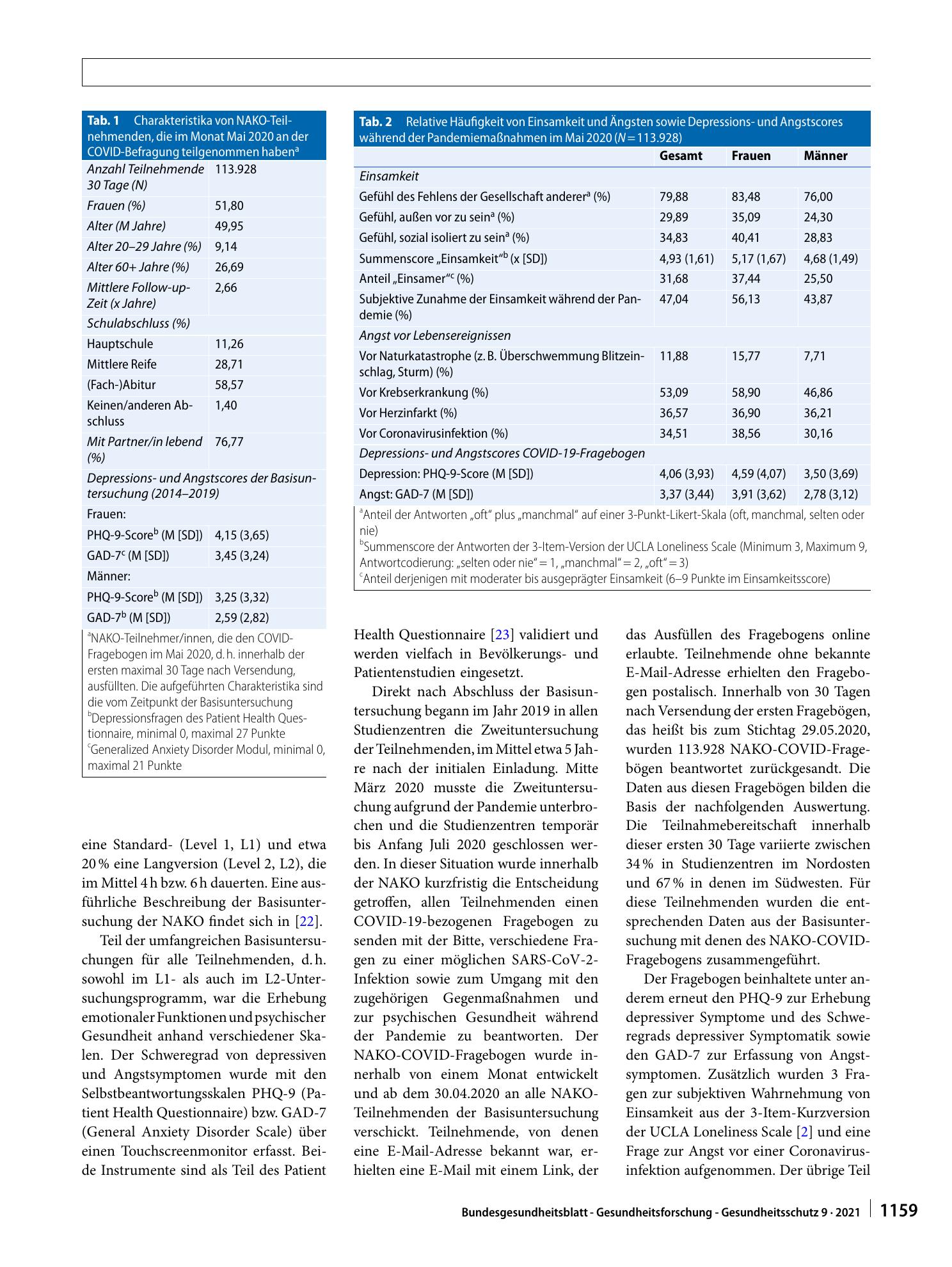 Vorschauseite 3: Einsamkeit während der ersten Welle der SARS-CoV-2-Pandemie – Ergebnisse der NAKO-Gesundheitsstudie
