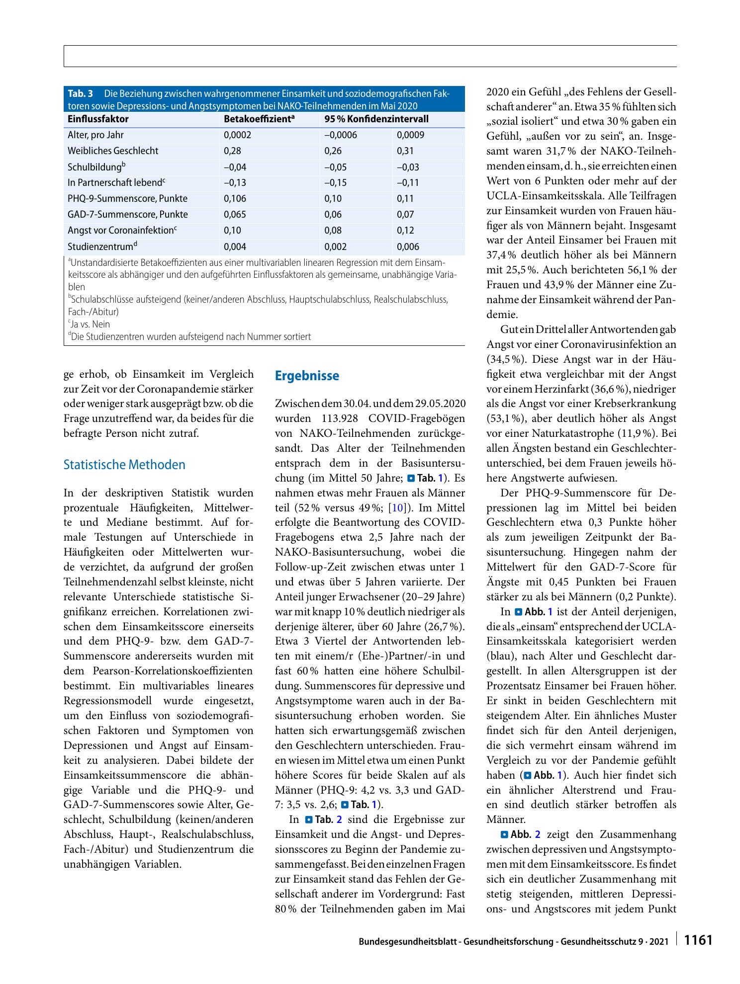 Vorschauseite 5: Einsamkeit während der ersten Welle der SARS-CoV-2-Pandemie – Ergebnisse der NAKO-Gesundheitsstudie