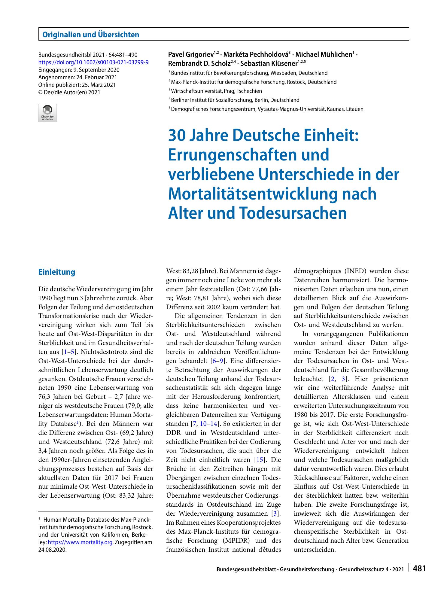 Vorschauseite 1: 30 Jahre Deutsche Einheit: Errungenschaften und verbliebene Unterschiede in der Mortalitätsentwicklung nach Alter und Todesursachen