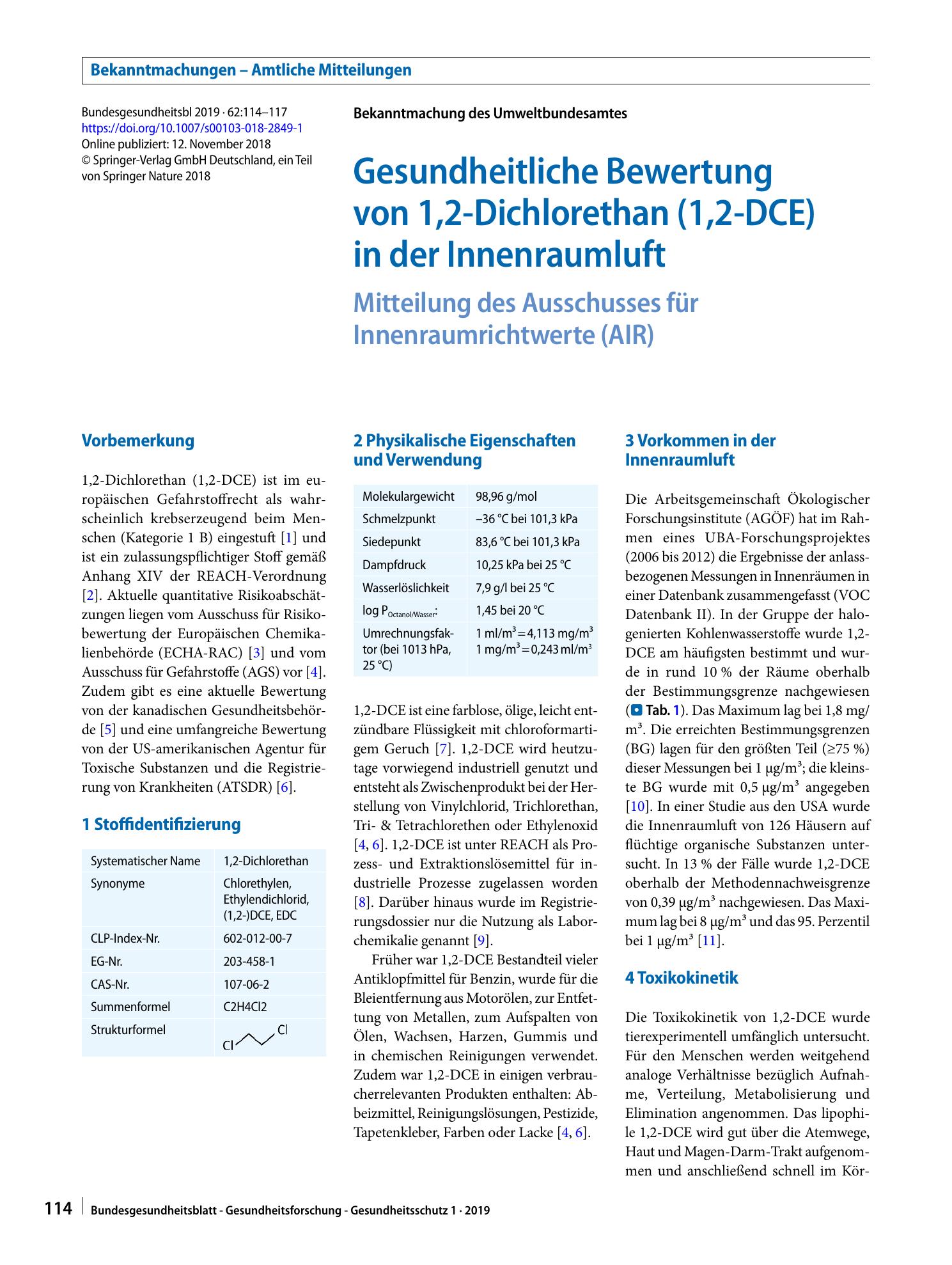 Vorschauseite 1: Gesundheitliche Bewertung von 1,2-Dichlorethan (1,2-DCE) in der Innenraumluft