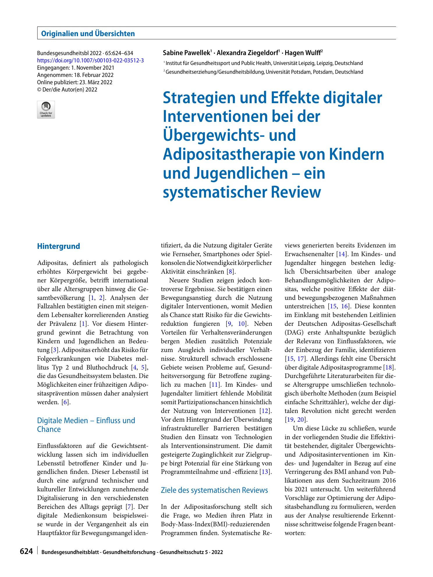 Vorschauseite 1: Strategien und Effekte digitaler Interventionen bei der Übergewichts- und Adipositastherapie von Kindern und Jugendlichen – ein systematischer Review