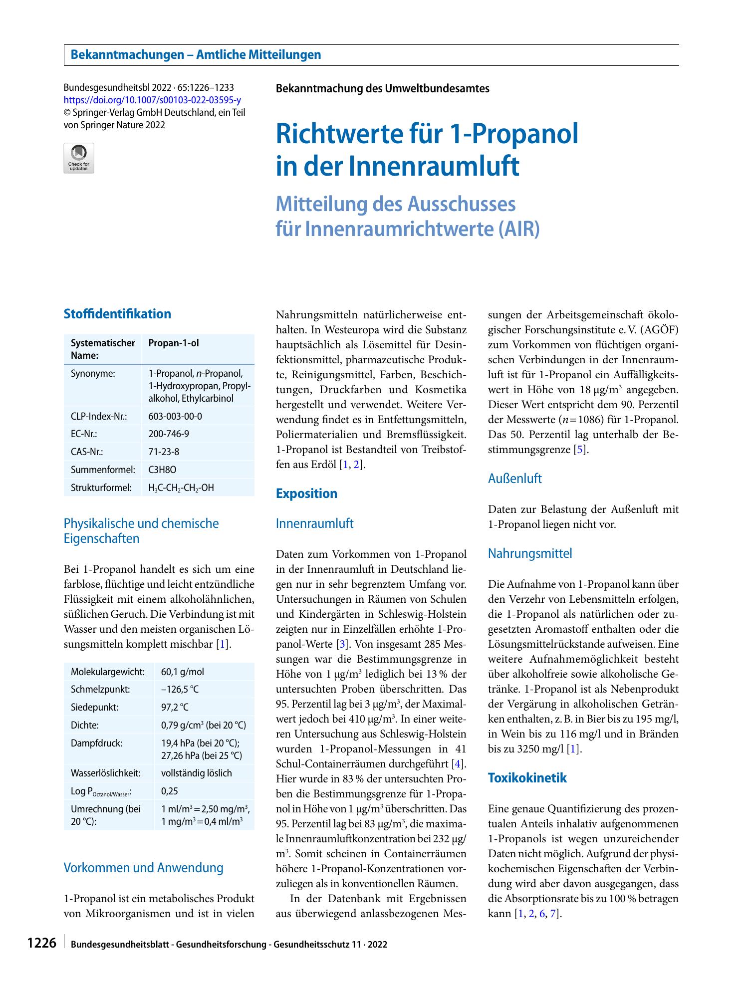 Vorschauseite 1: Richtwerte für 1-Propanol in der Innenraumluft