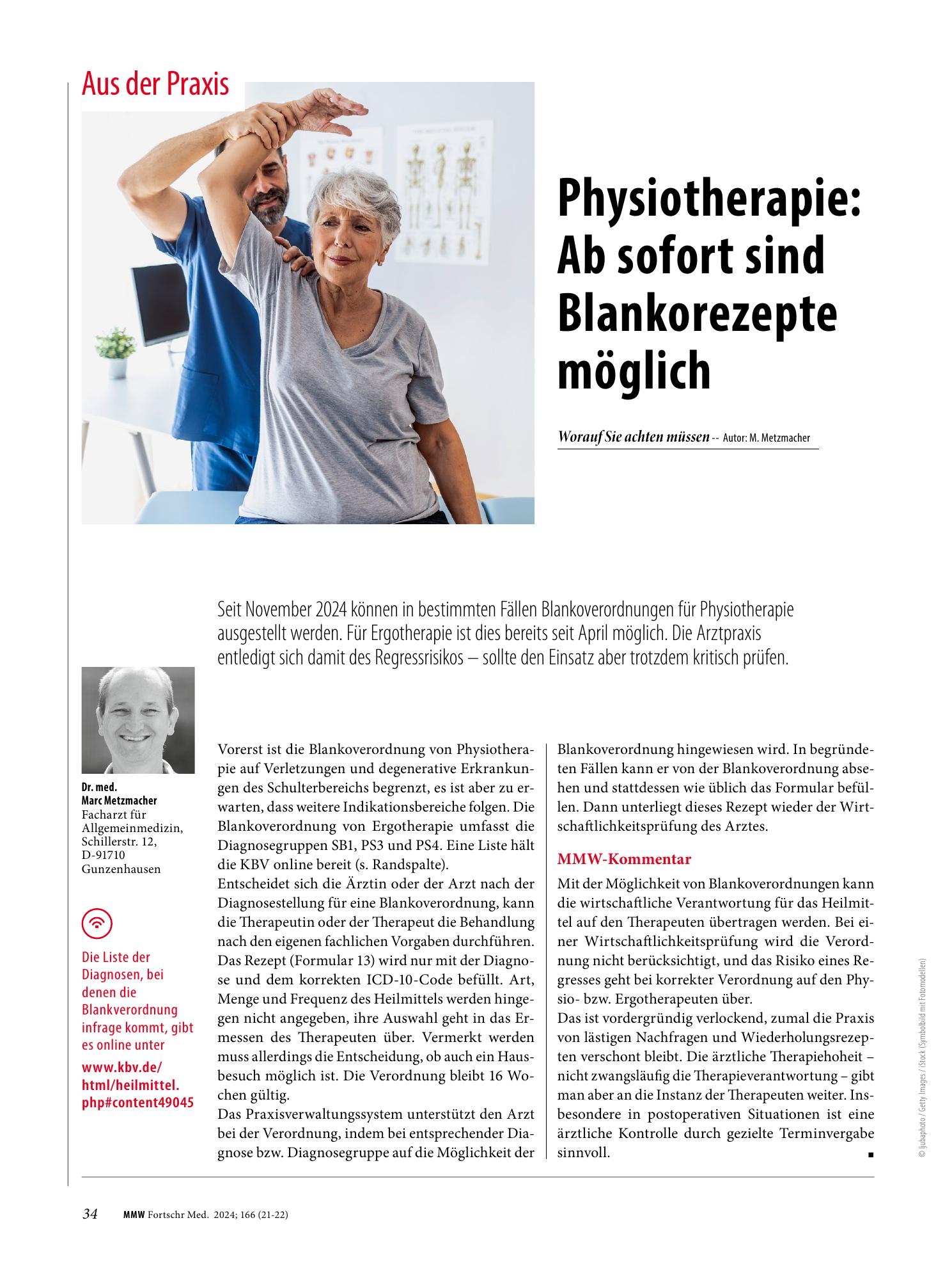 Vorschauseite 1: Physiotherapie: Ab sofort sind Blankorezepte möglich