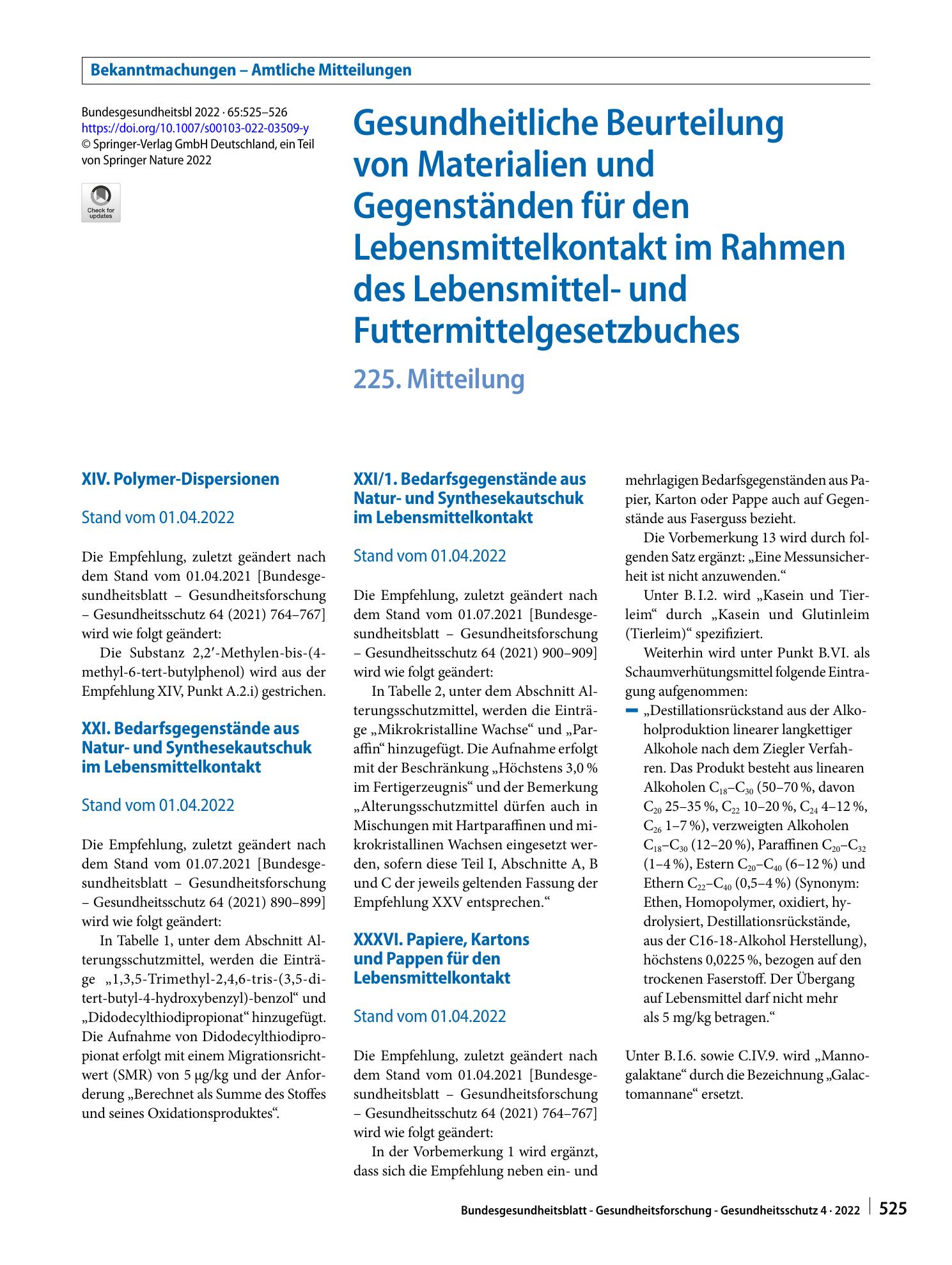 Vorschauseite 1: Gesundheitliche Beurteilung von Materialien und Gegenständen für den Lebensmittelkontakt im Rahmen des Lebensmittel- und Futtermittelgesetzbuches