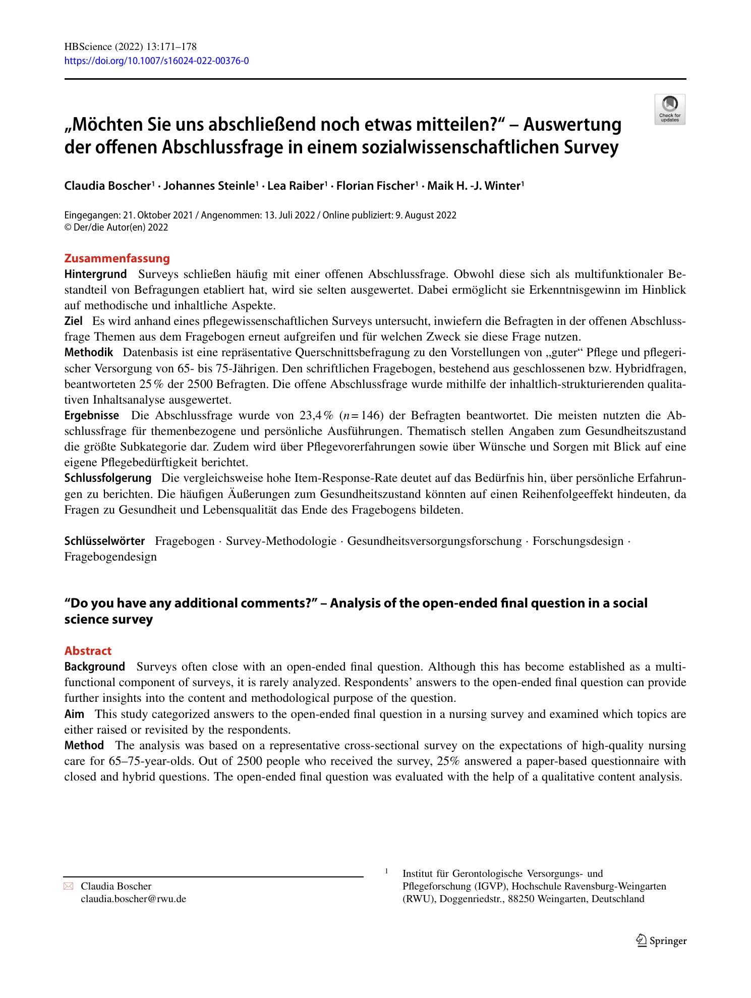 Vorschauseite 1: „Möchten Sie uns abschließend noch etwas mitteilen?“ – Auswertung der offenen Abschlussfrage in einem sozialwissenschaftlichen Survey