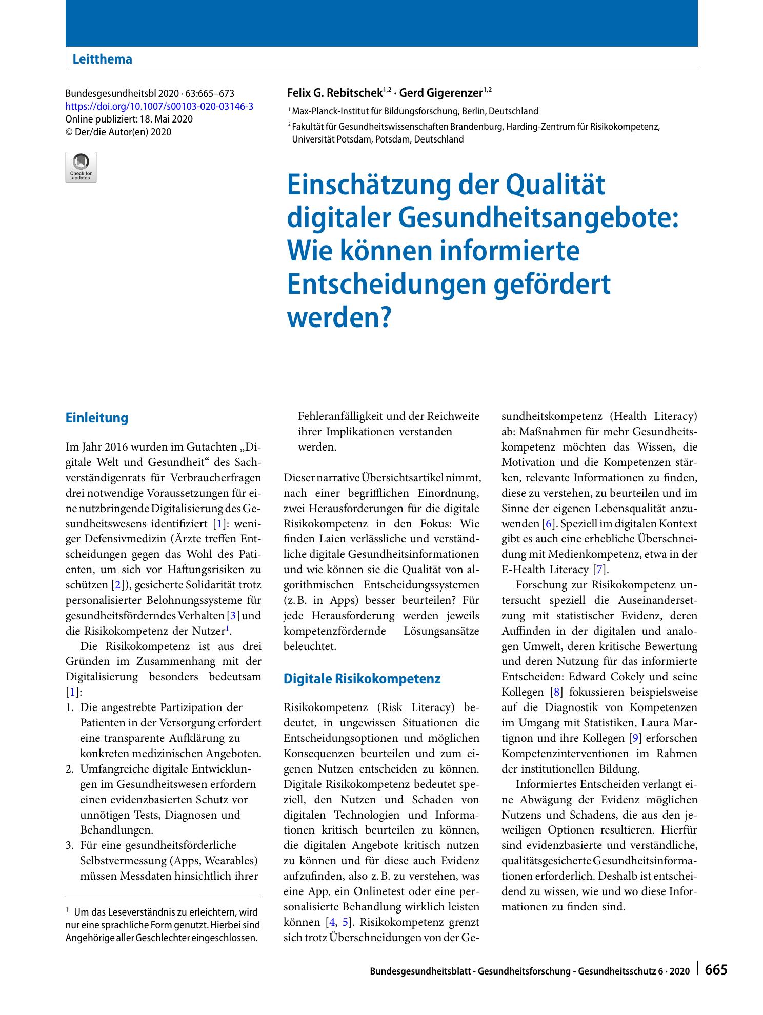 Vorschauseite 1: Einschätzung der Qualität digitaler Gesundheitsangebote: Wie können informierte Entscheidungen gefördert werden?