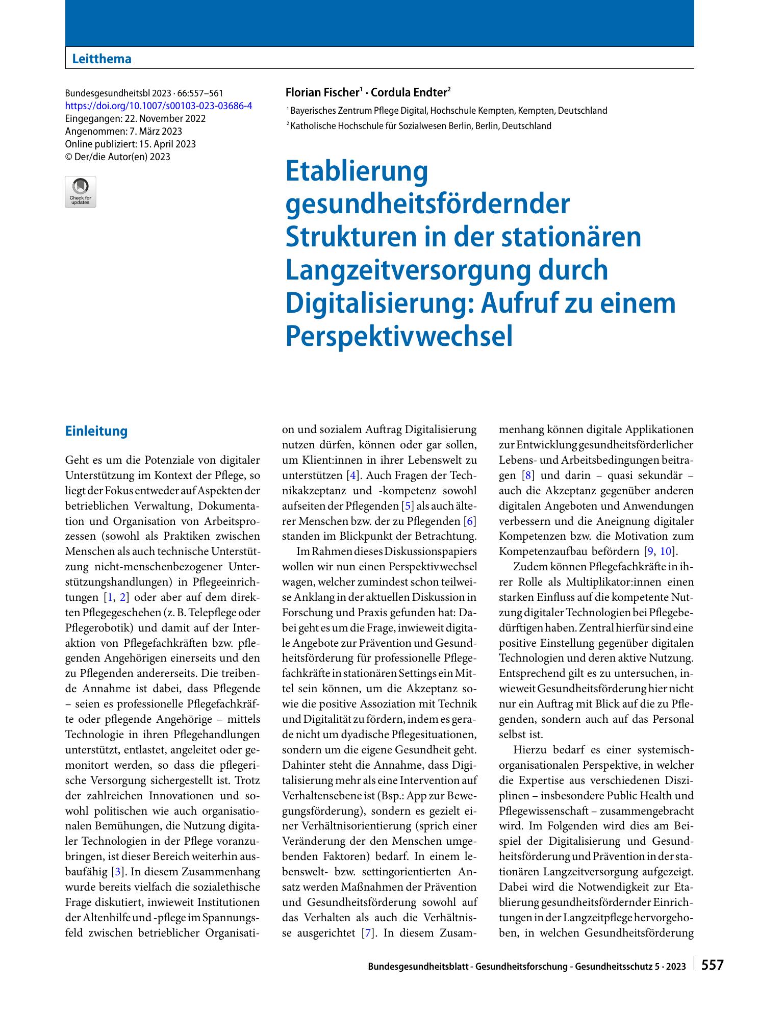 Vorschauseite 1: Etablierung gesundheitsfördernder Strukturen in der stationären Langzeitversorgung durch Digitalisierung: Aufruf zu einem Perspektivwechsel
