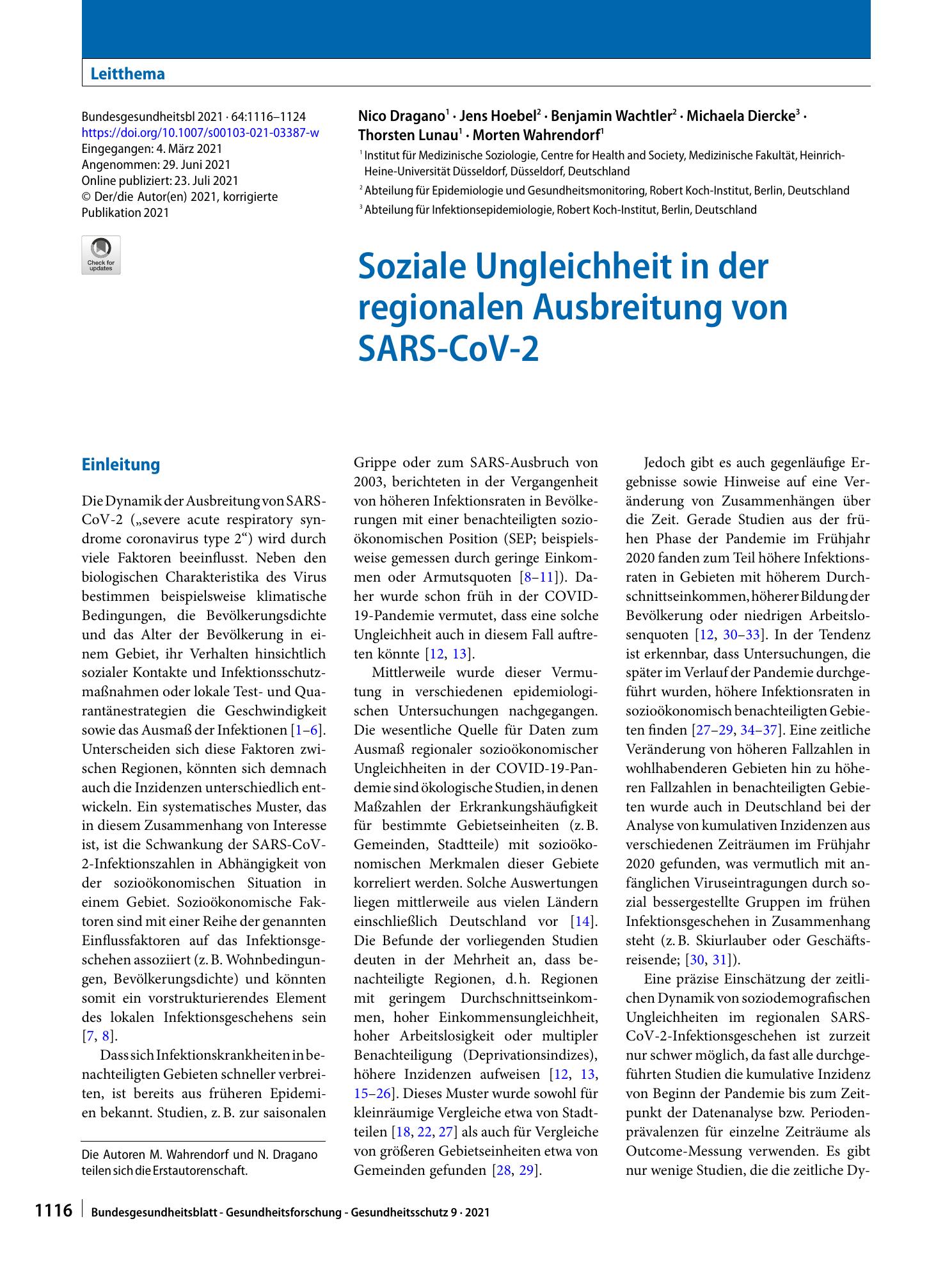 Vorschauseite 1: Soziale Ungleichheit in der regionalen Ausbreitung von SARS-CoV-2