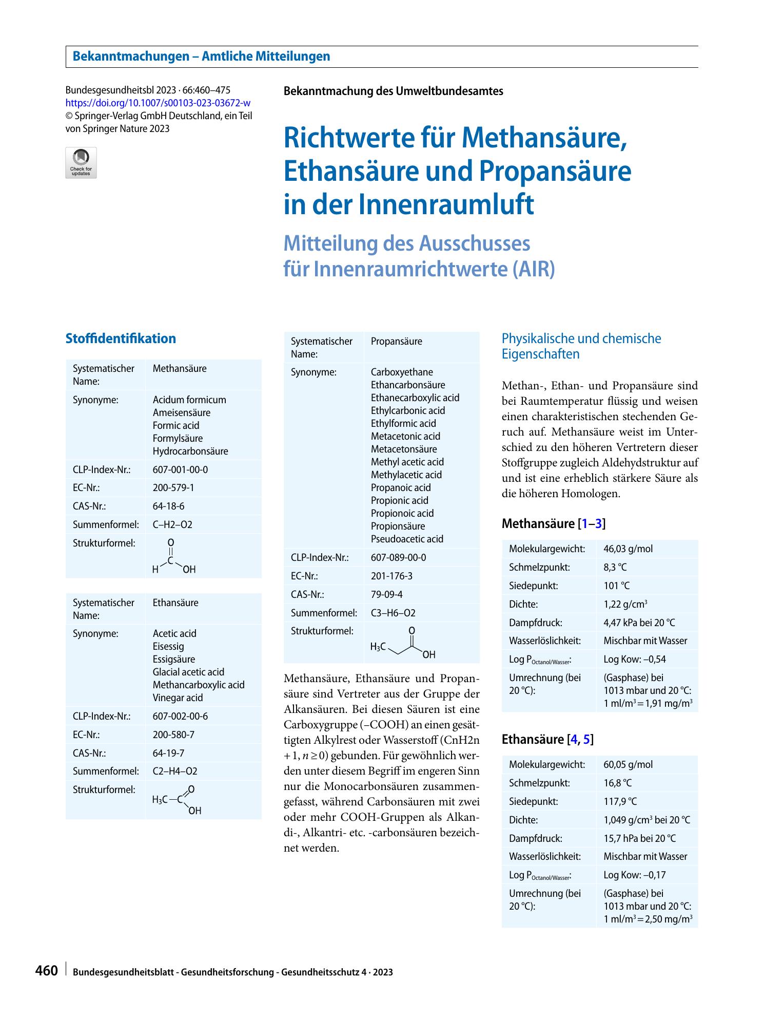 Vorschauseite 1: Richtwerte für Methansäure, Ethansäure und Propansäure in der Innenraumluft