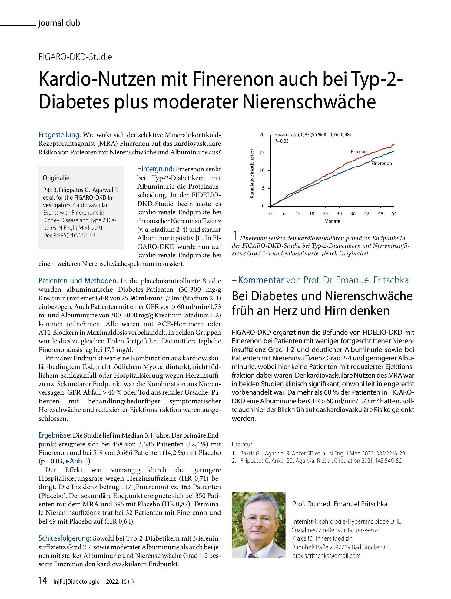 Vorschauseite 1: Kardio-Nutzen mit Finerenon auch bei Typ-2-Diabetes plus moderater Nierenschwäche