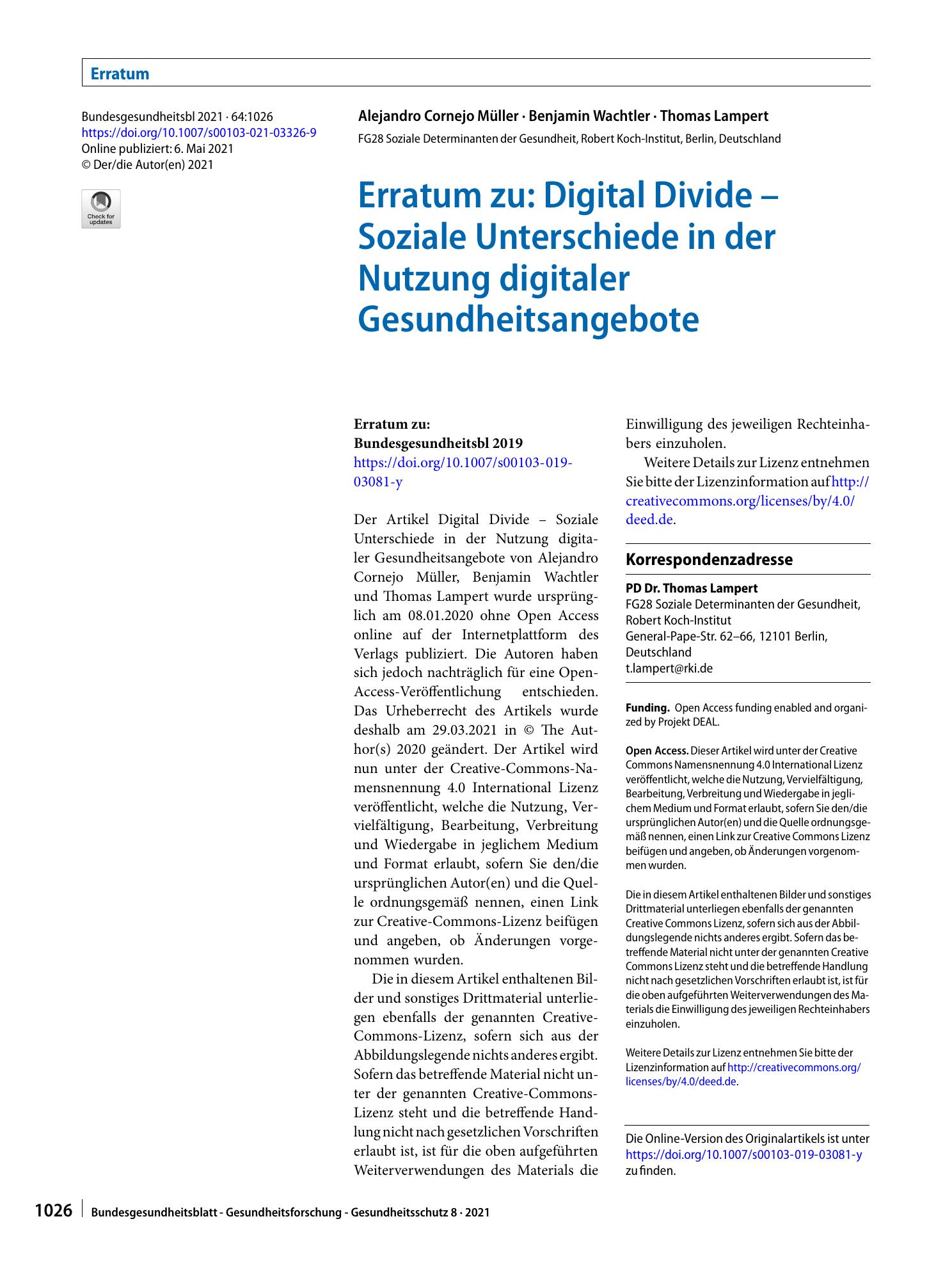 Vorschauseite 1: Erratum zu: Digital Divide – Soziale Unterschiede in der Nutzung digitaler Gesundheitsangebote