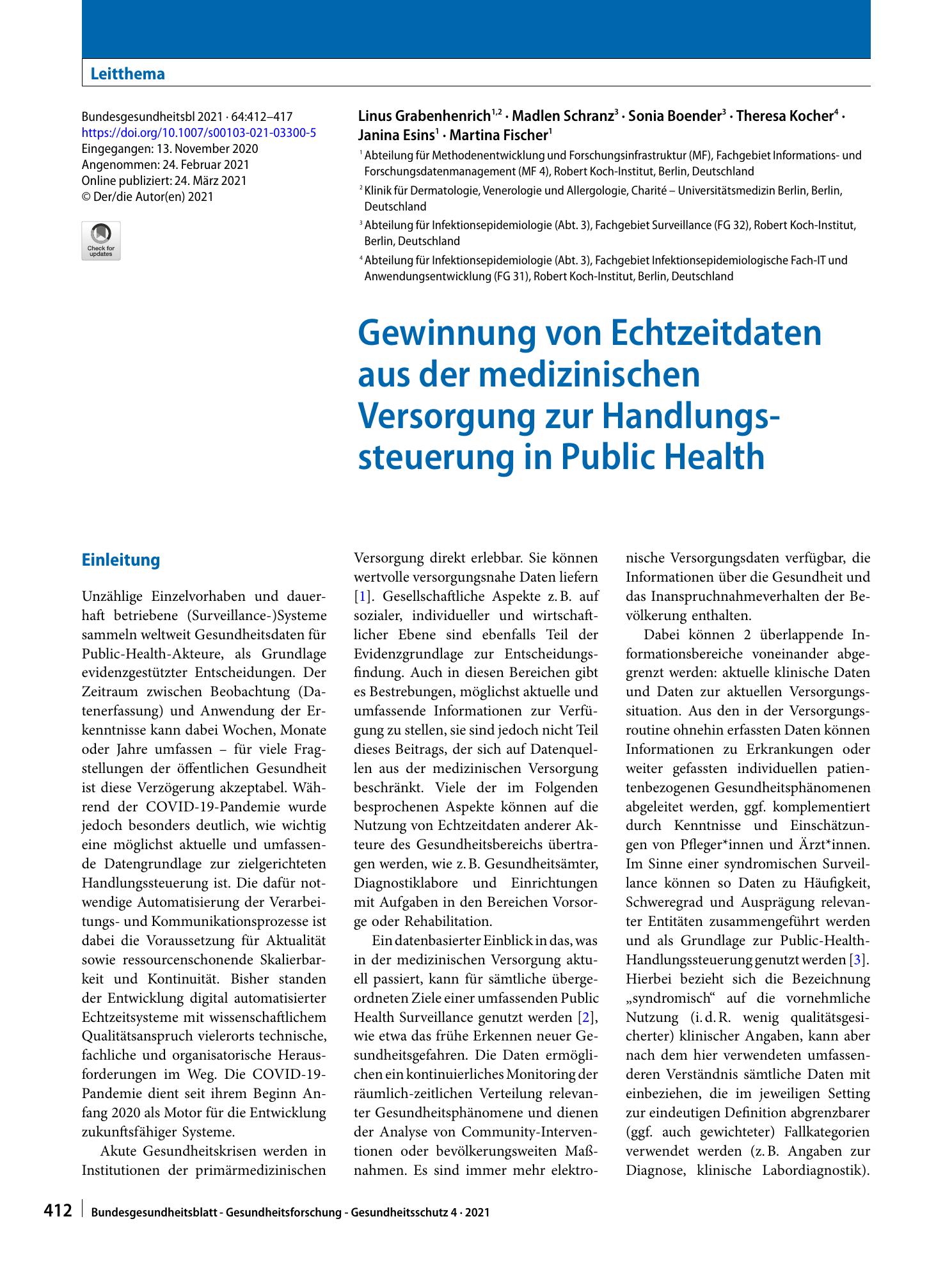 Vorschauseite 1: Gewinnung von Echtzeitdaten aus der medizinischen Versorgung zur Handlungssteuerung in Public Health