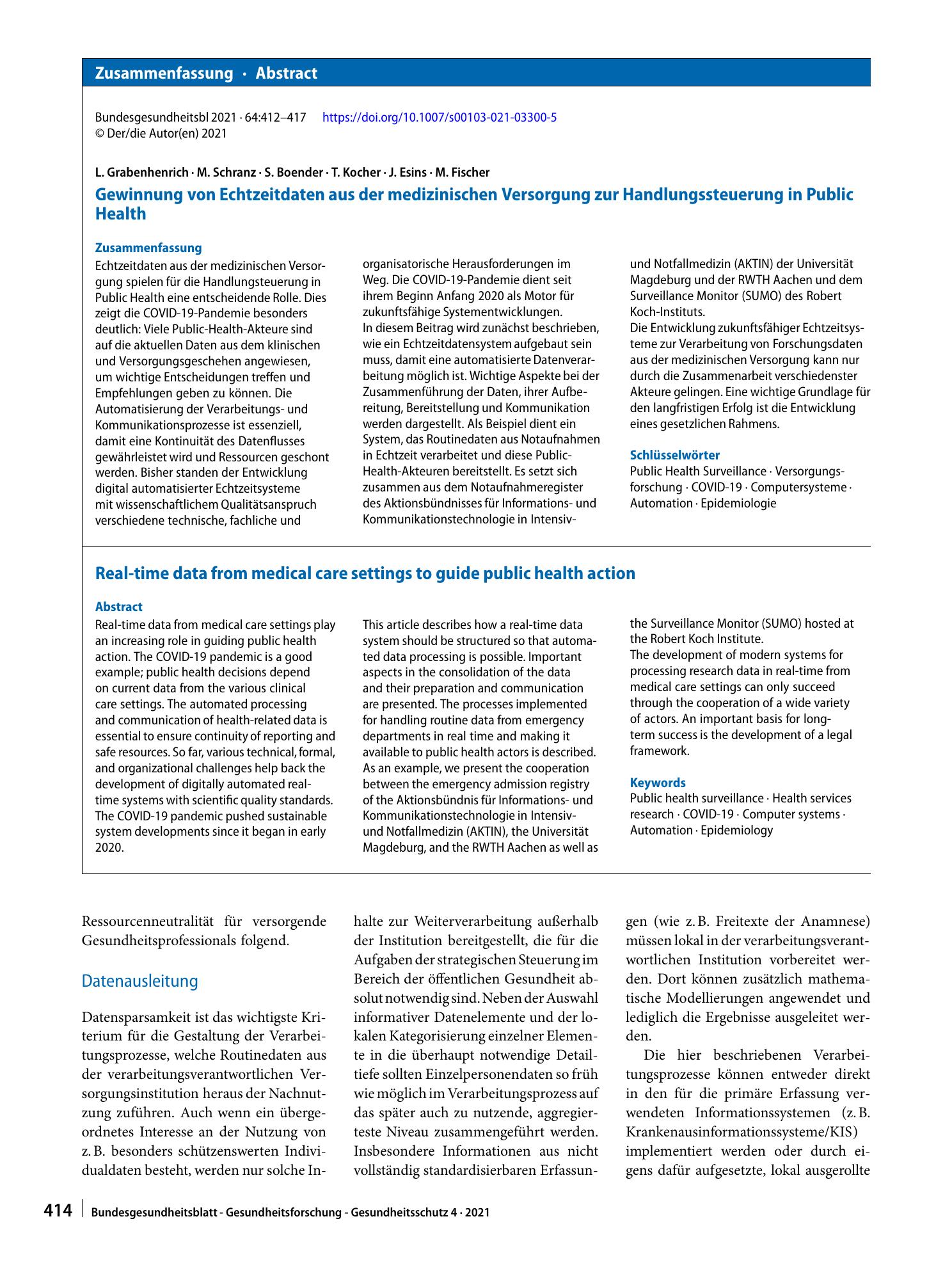 Vorschauseite 3: Gewinnung von Echtzeitdaten aus der medizinischen Versorgung zur Handlungssteuerung in Public Health