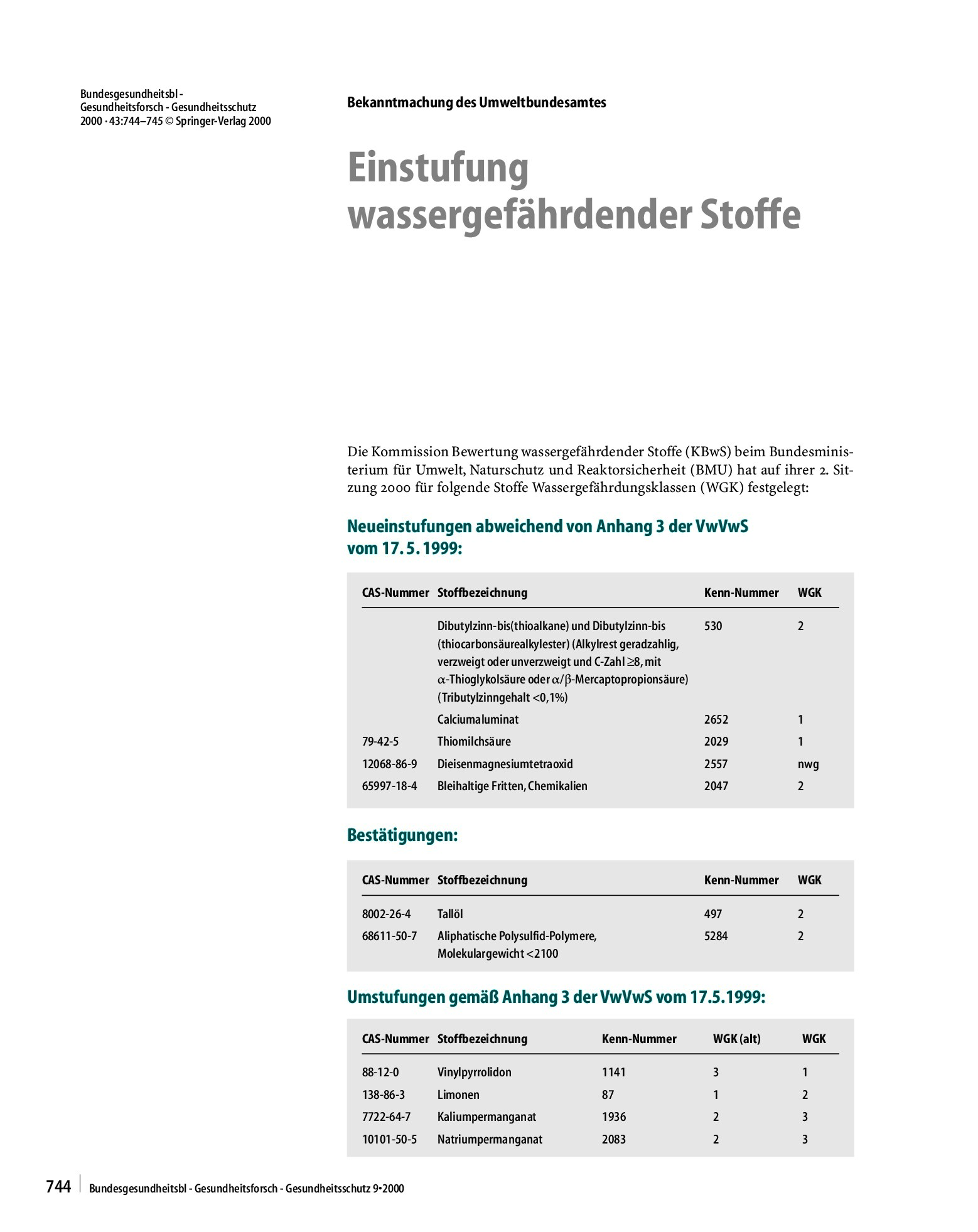 Vorschauseite 1: Bekanntmachung des Umweltbundesamtes¶Einstufung wassergefährdender Stoffe