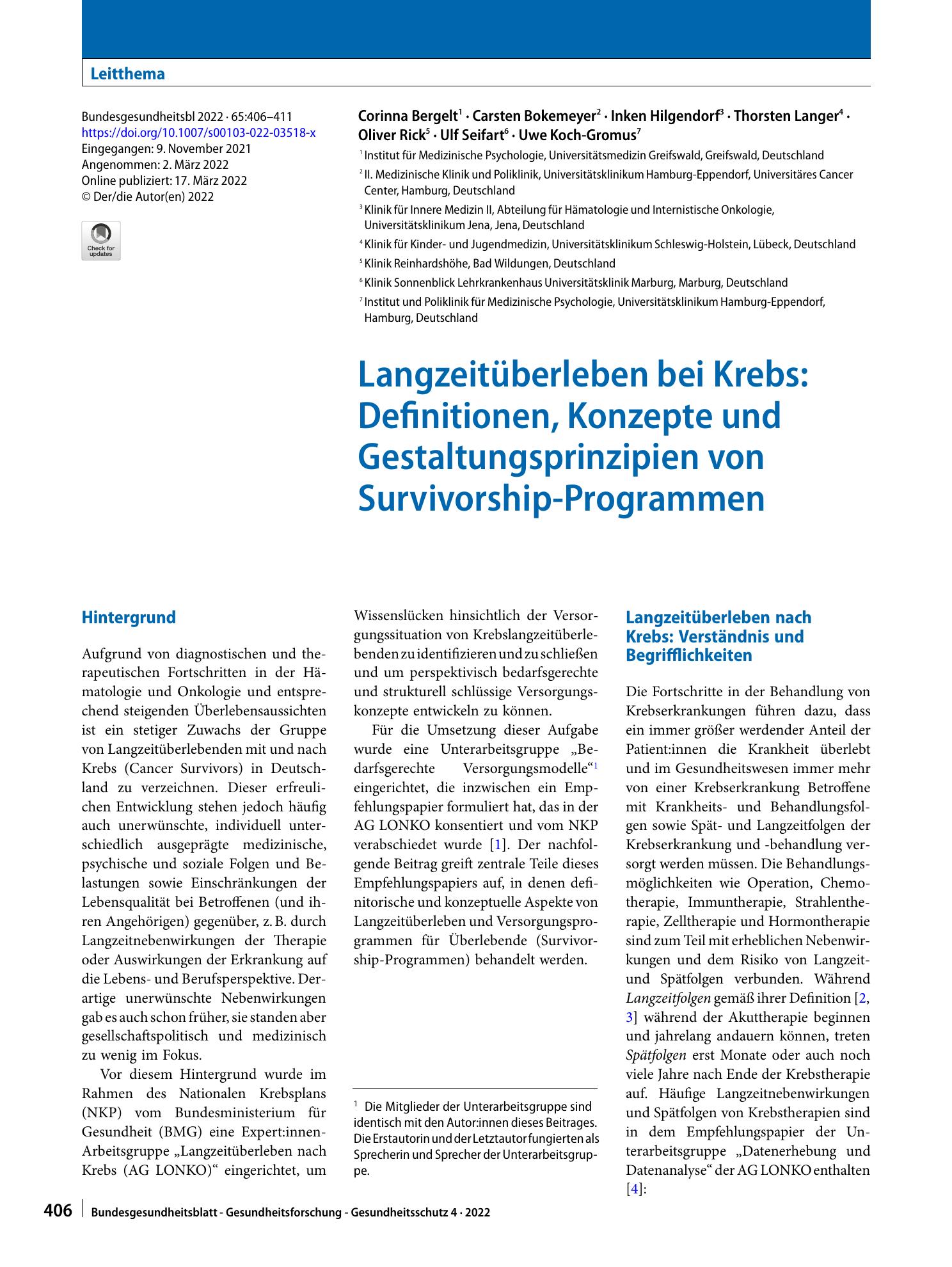 Vorschauseite 1: Langzeitüberleben bei Krebs: Definitionen, Konzepte und Gestaltungsprinzipien von Survivorship-Programmen