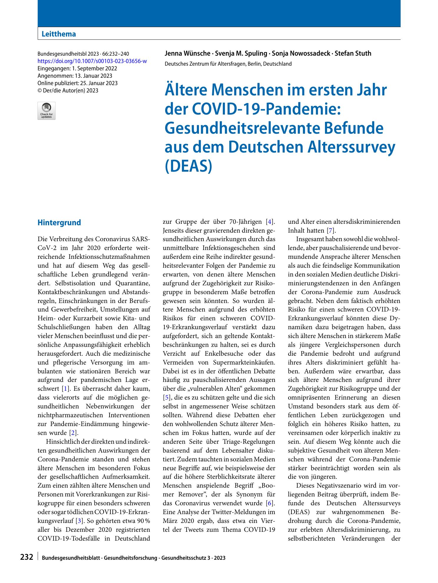 Vorschauseite 1: Ältere Menschen im ersten Jahr der COVID-19-Pandemie: Gesundheitsrelevante Befunde aus dem Deutschen Alterssurvey (DEAS)