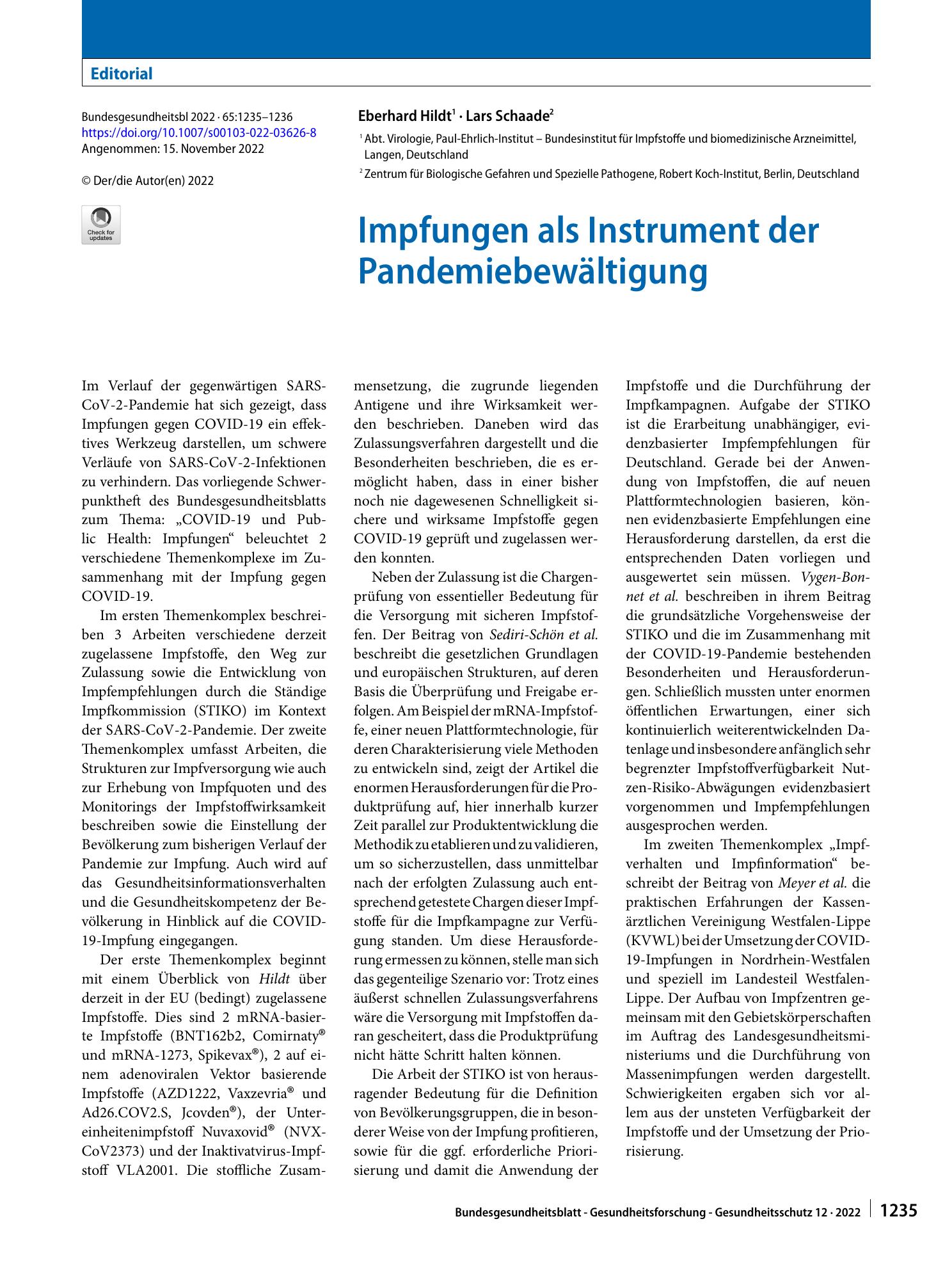 Vorschauseite 1: Impfungen als Instrument der Pandemiebewältigung