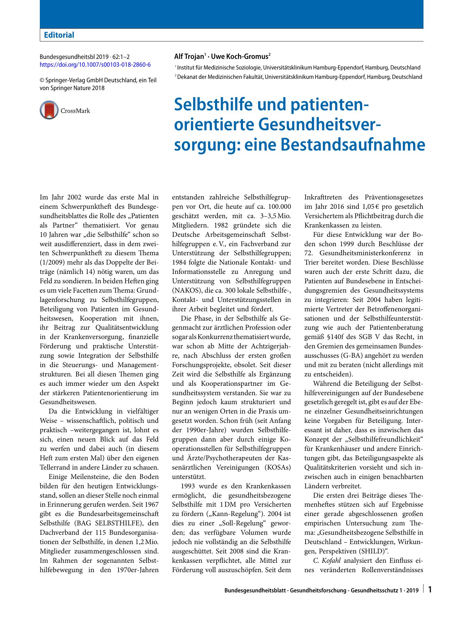 Vorschauseite 1: Selbsthilfe und patientenorientierte Gesundheitsversorgung: eine Bestandsaufnahme