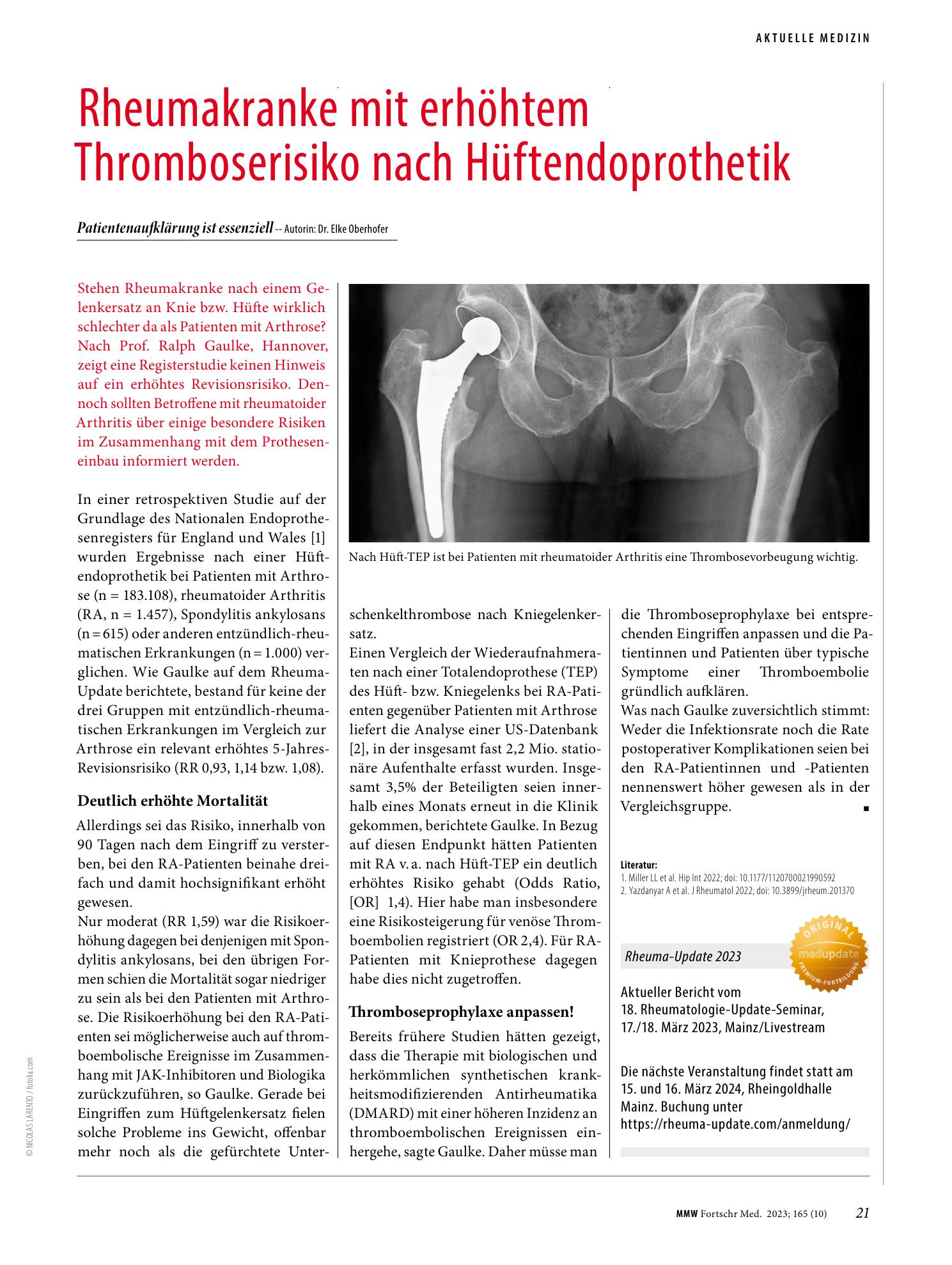 Vorschauseite 1: Rheumakranke mit erhöhtem Thromboserisiko nach Hüftendoprothetik