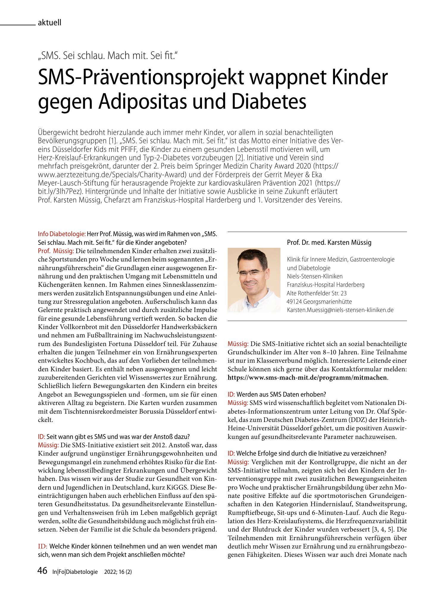 Vorschauseite 1: SMS-Präventionsprojekt wappnet Kinder gegen Adipositas und Diabetes