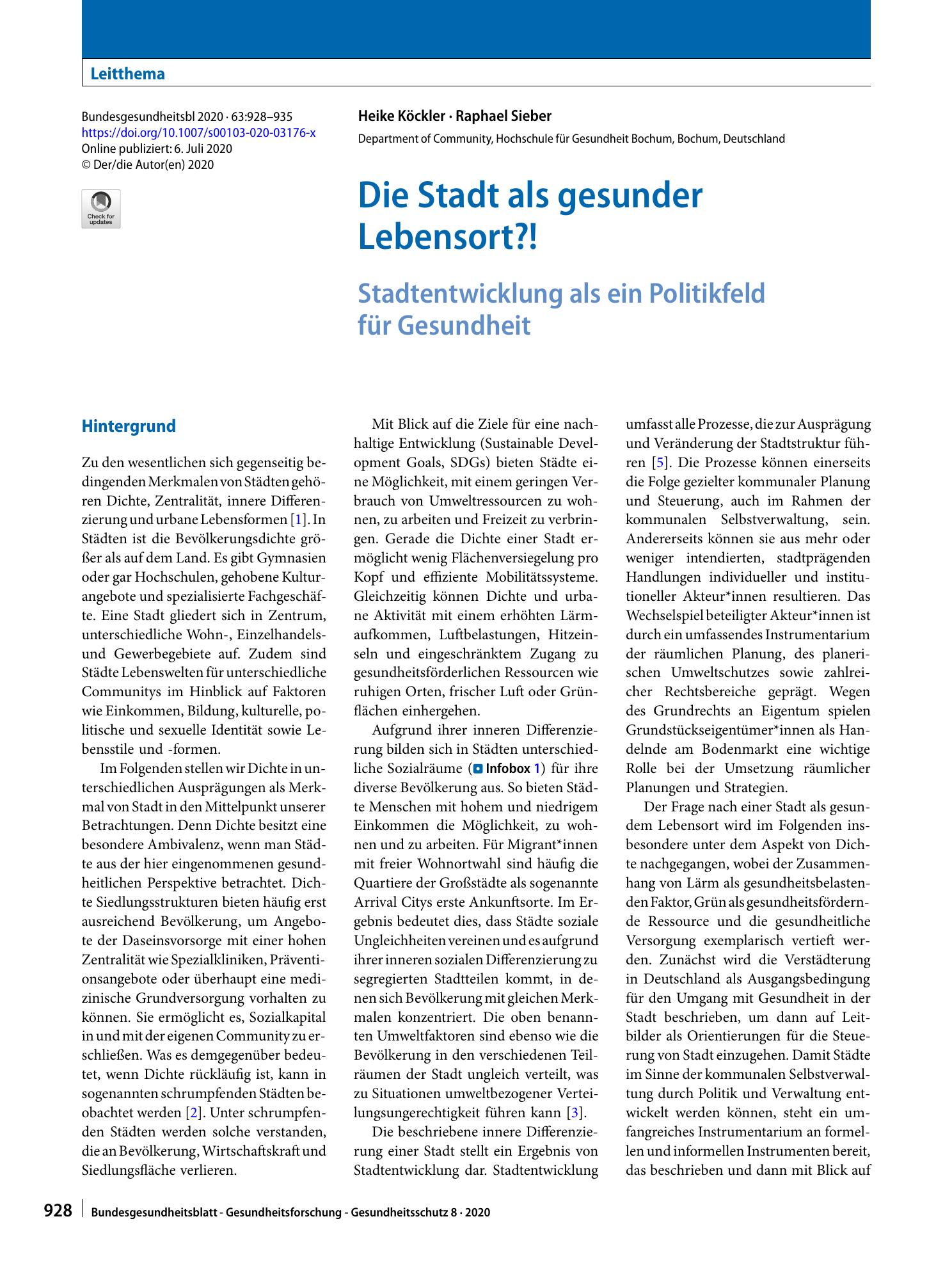 Vorschauseite 1: Die Stadt als gesunder Lebensort?!