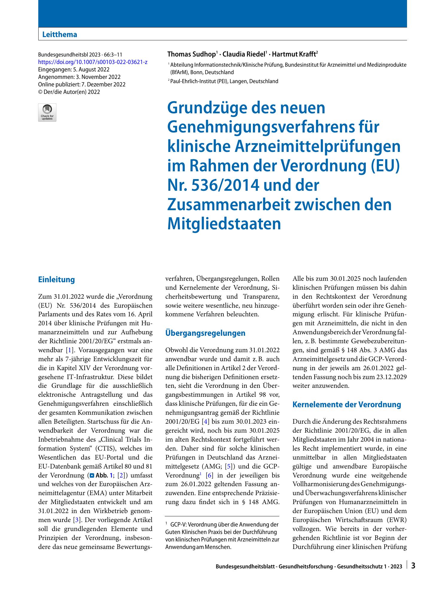 Vorschauseite 1: Grundzüge des neuen Genehmigungsverfahrens für klinische Arzneimittelprüfungen im Rahmen der Verordnung (EU) Nr. 536/2014 und der Zusammenarbeit zwischen den Mitgliedstaaten