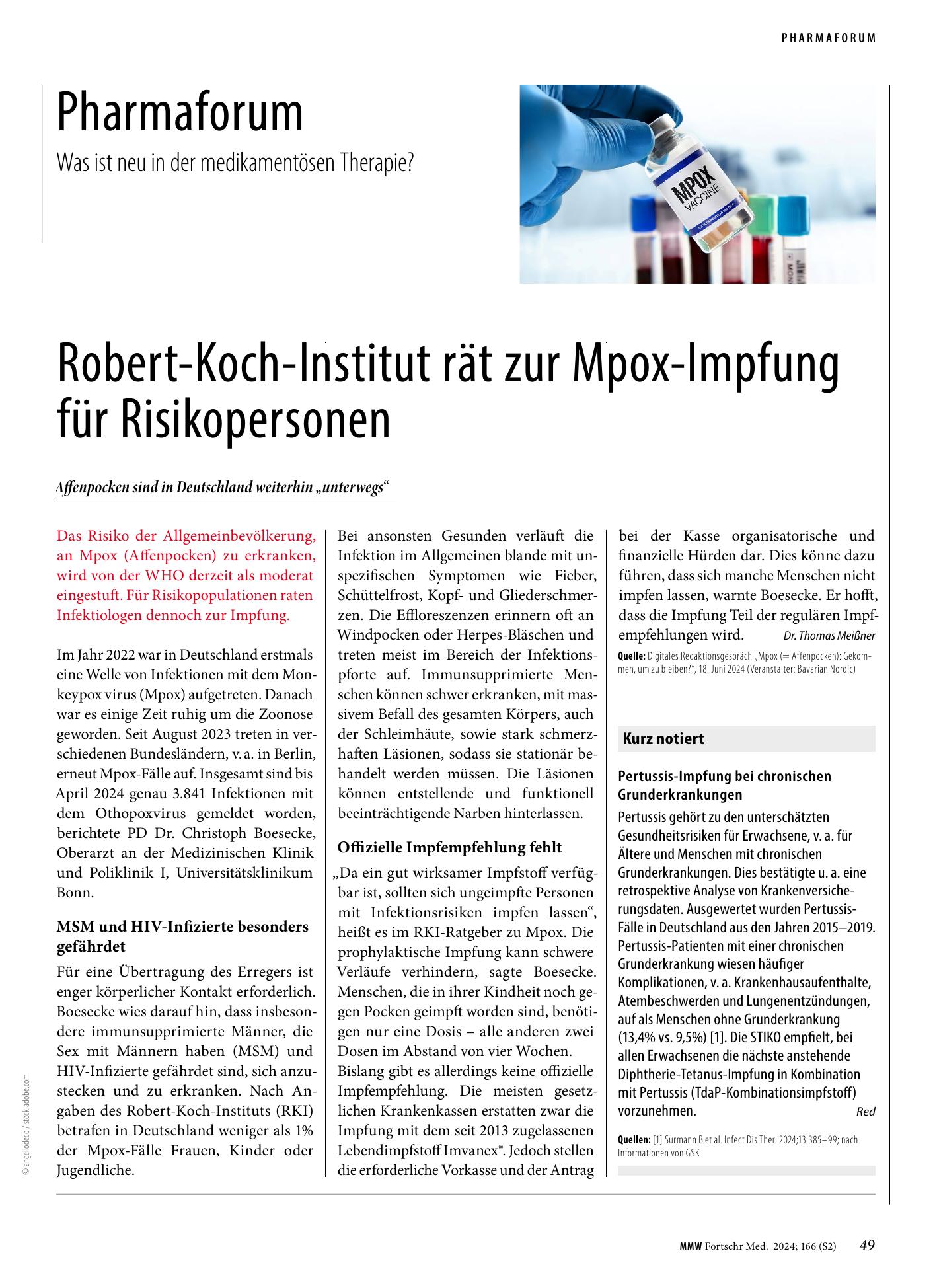 Vorschauseite 1: Robert-Koch-Institut rät zur Mpox-Impfung für Risikopersonen