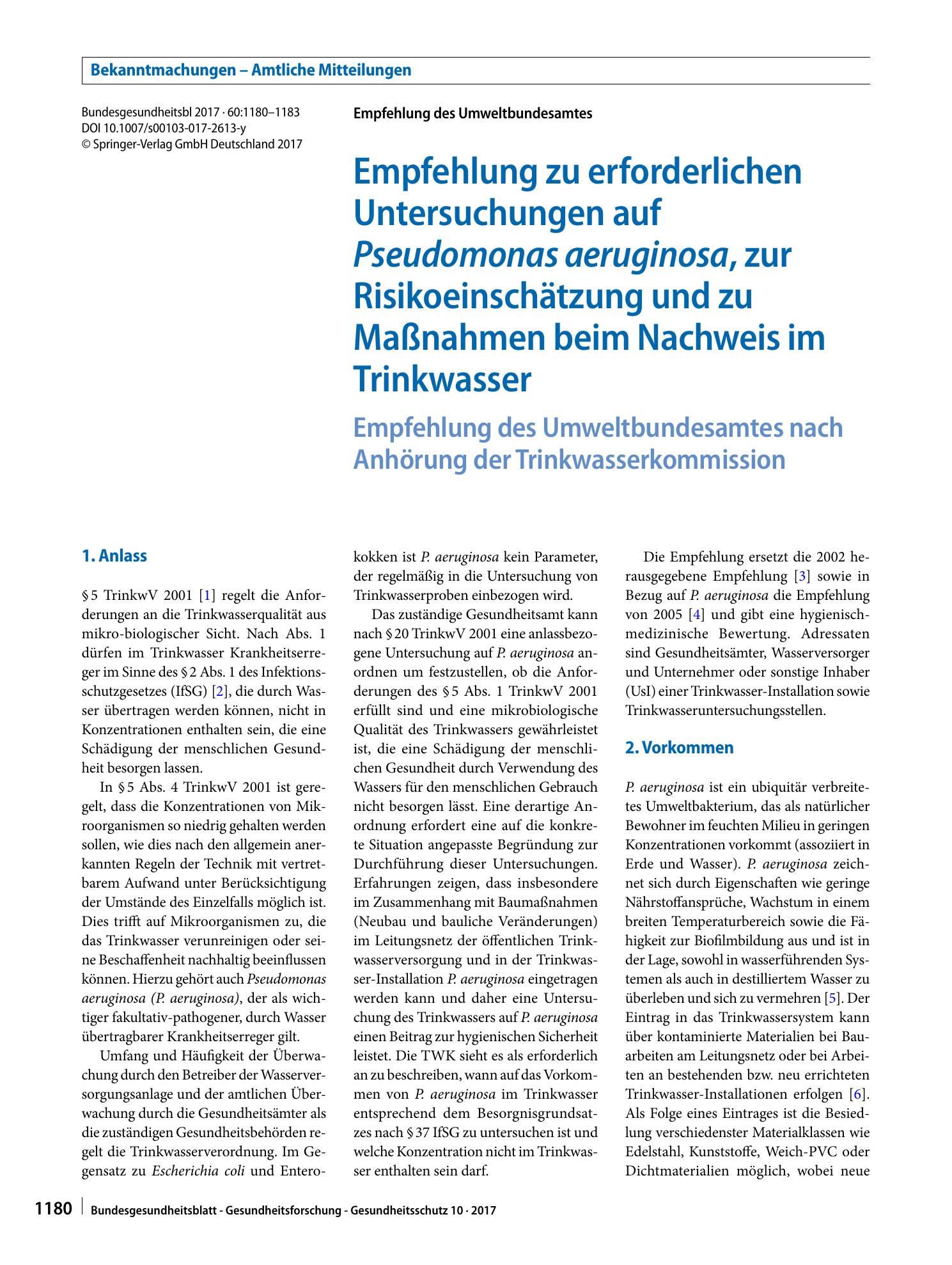 Vorschauseite 1: Empfehlung zu erforderlichen Untersuchungen auf Pseudomonas aeruginosa, zur Risikoeinschätzung und zu Maßnahmen beim Nachweis im Trinkwasser