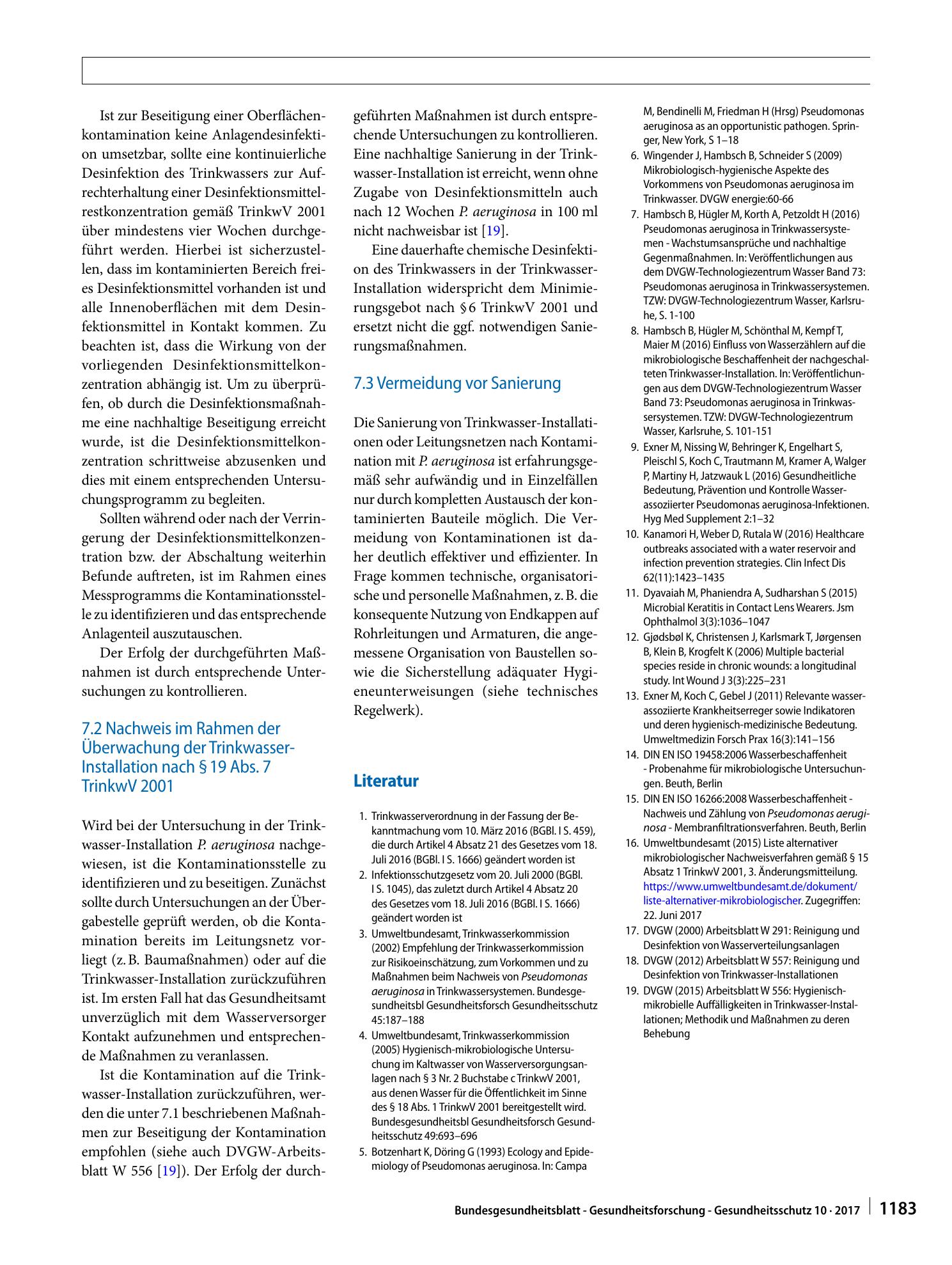 Vorschauseite 4: Empfehlung zu erforderlichen Untersuchungen auf Pseudomonas aeruginosa, zur Risikoeinschätzung und zu Maßnahmen beim Nachweis im Trinkwasser