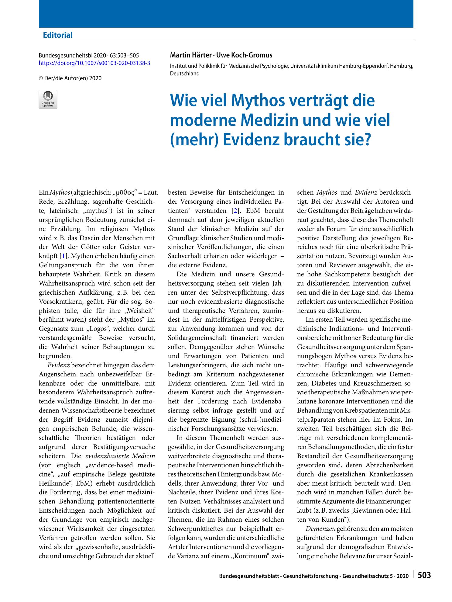 Vorschauseite 1: Wie viel Mythos verträgt die moderne Medizin und wie viel (mehr) Evidenz braucht sie?