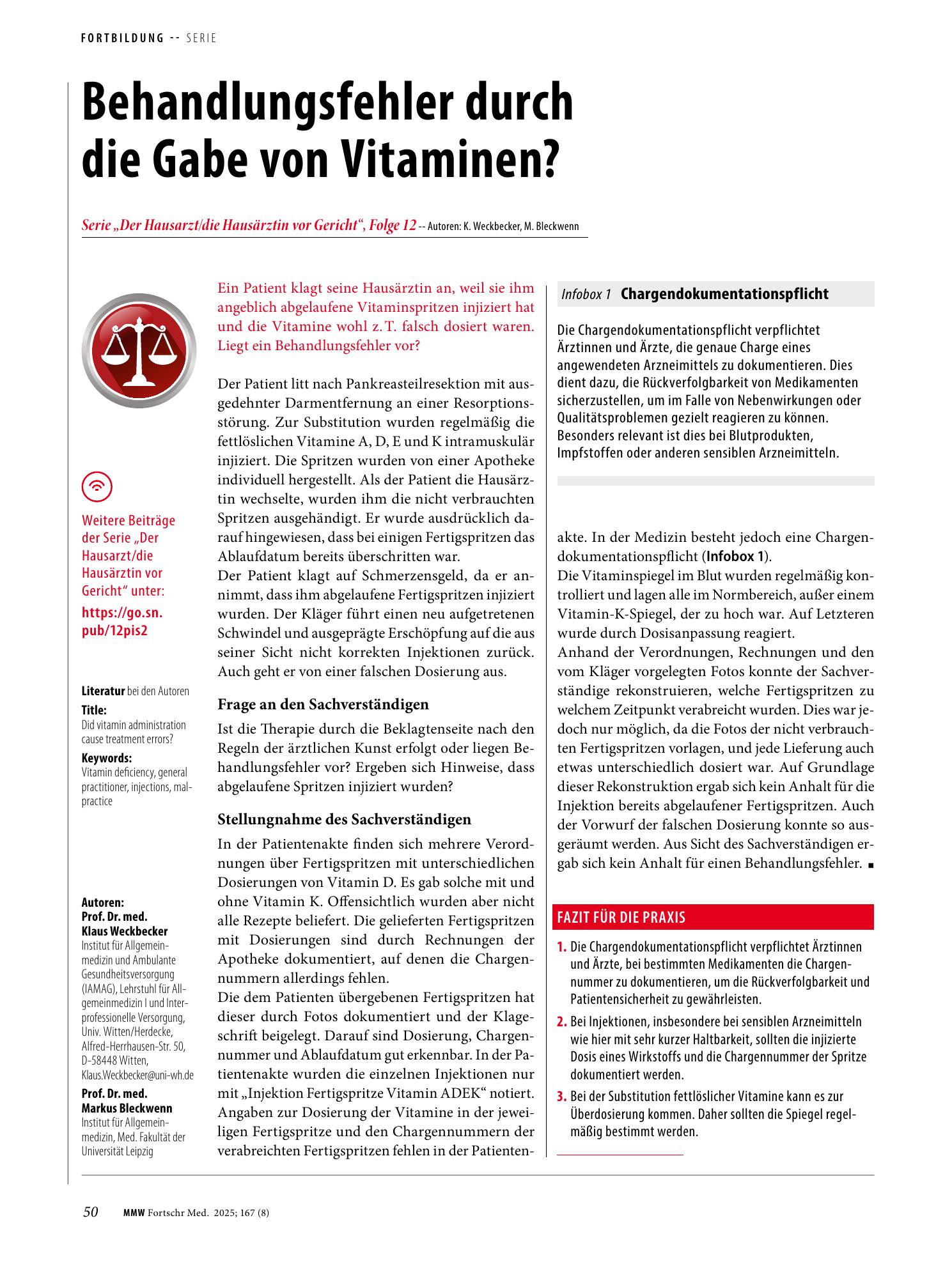 Vorschauseite 1: Behandlungsfehler durch die Gabe von Vitaminen?