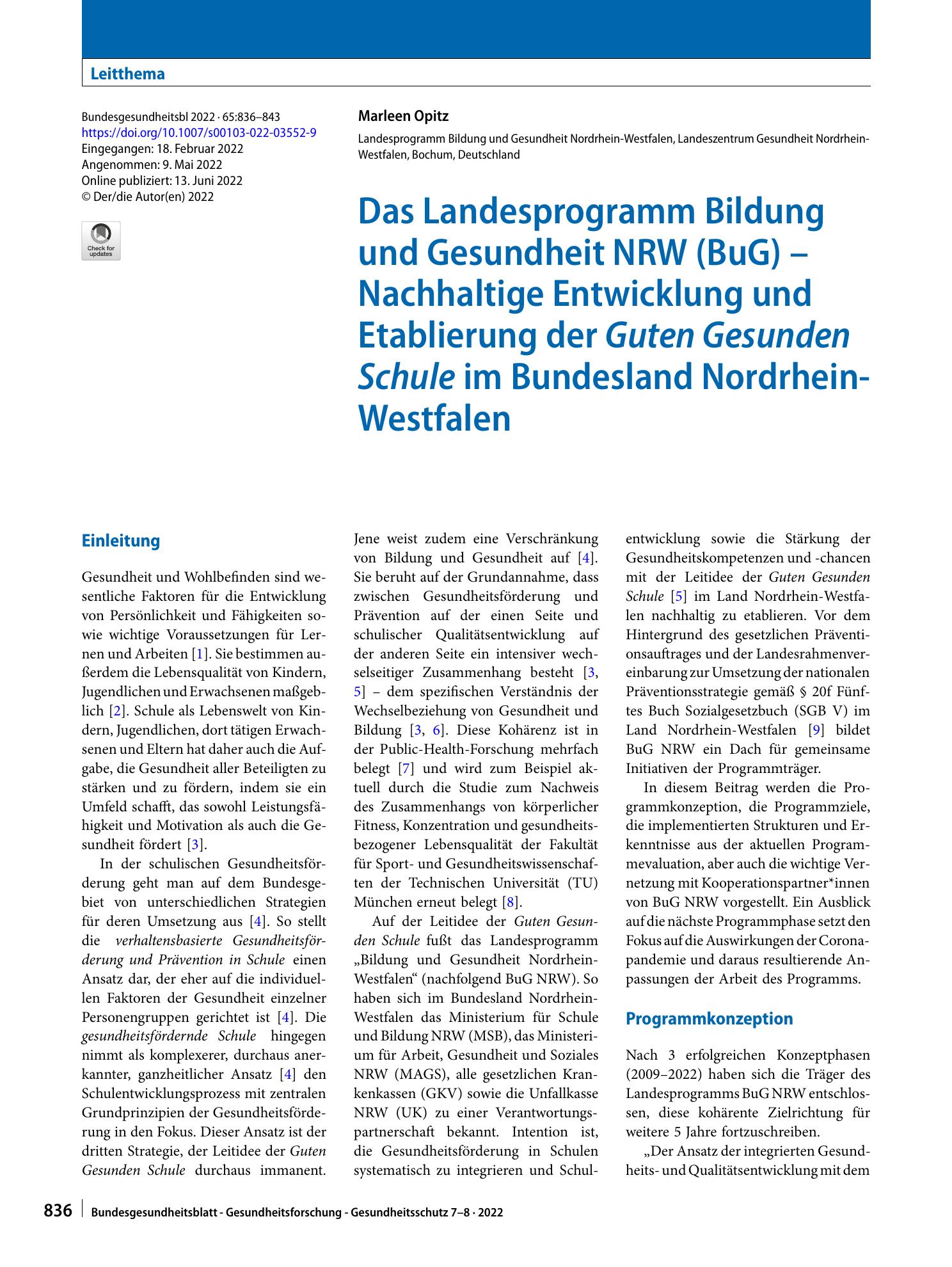 Vorschauseite 1: Das Landesprogramm Bildung und Gesundheit NRW (BuG) – Nachhaltige Entwicklung und Etablierung der Guten Gesunden Schule im Bundesland Nordrhein-Westfalen