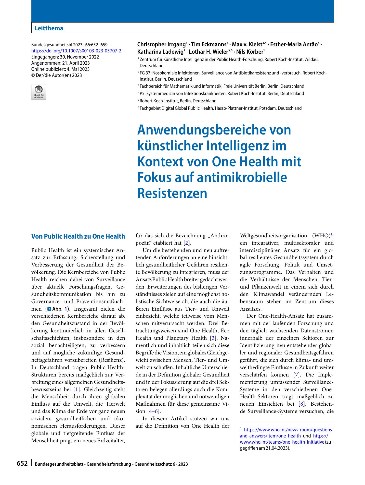 Vorschauseite 1: Anwendungsbereiche von künstlicher Intelligenz im Kontext von One Health mit Fokus auf antimikrobielle Resistenzen