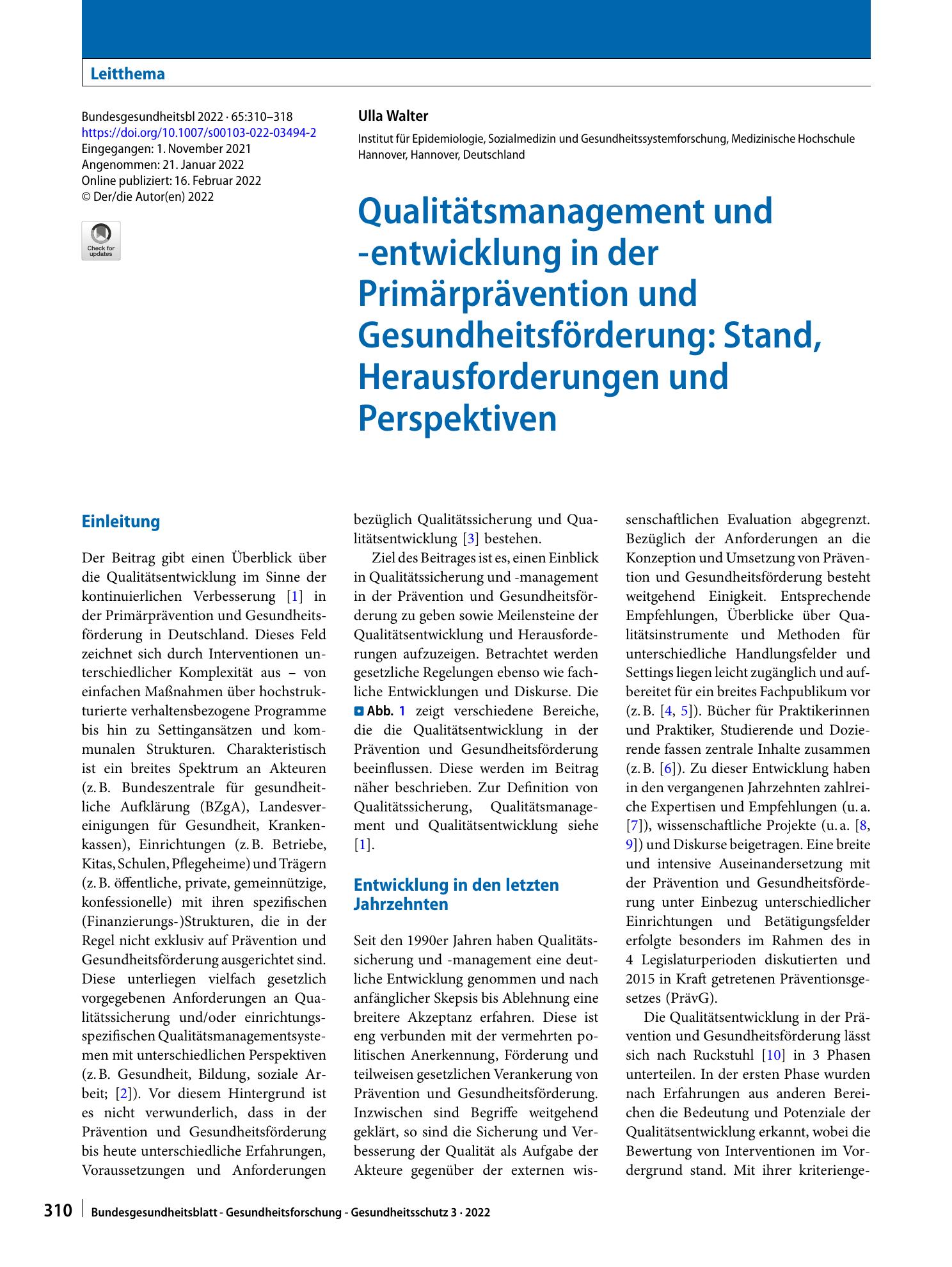 Vorschauseite 1: Qualitätsmanagement und -entwicklung in der Primärprävention und Gesundheitsförderung: Stand, Herausforderungen und Perspektiven