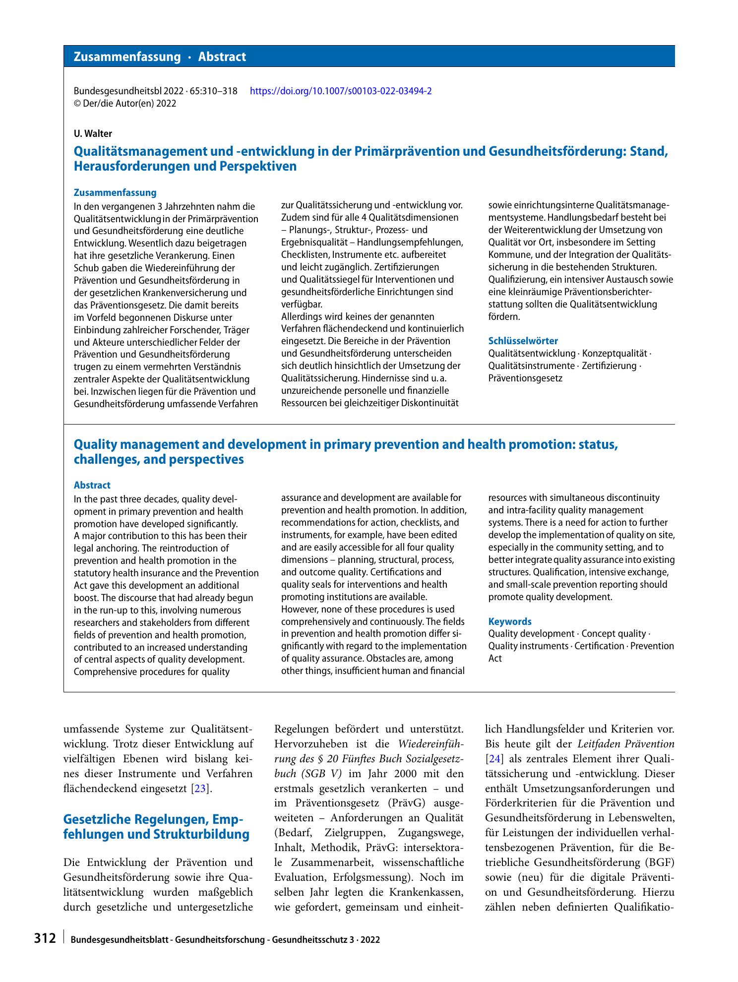 Vorschauseite 3: Qualitätsmanagement und -entwicklung in der Primärprävention und Gesundheitsförderung: Stand, Herausforderungen und Perspektiven