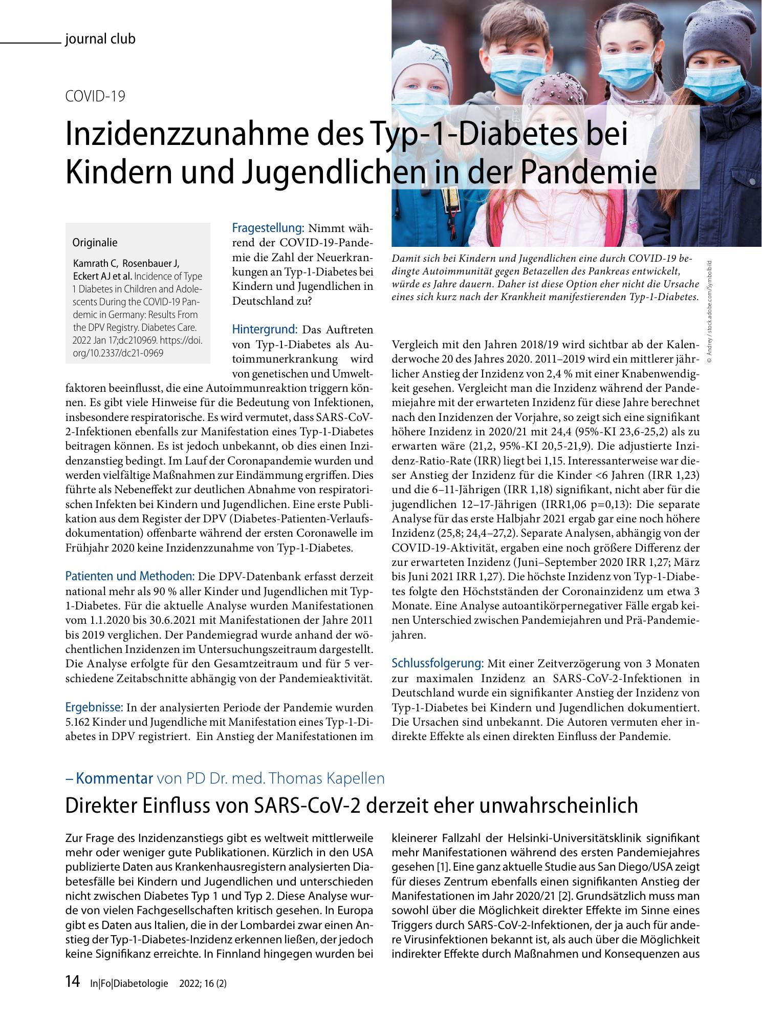 Vorschauseite 1: Inzidenzzunahme des Typ-1-Diabetes bei Kindern und Jugendlichen in der Pandemie