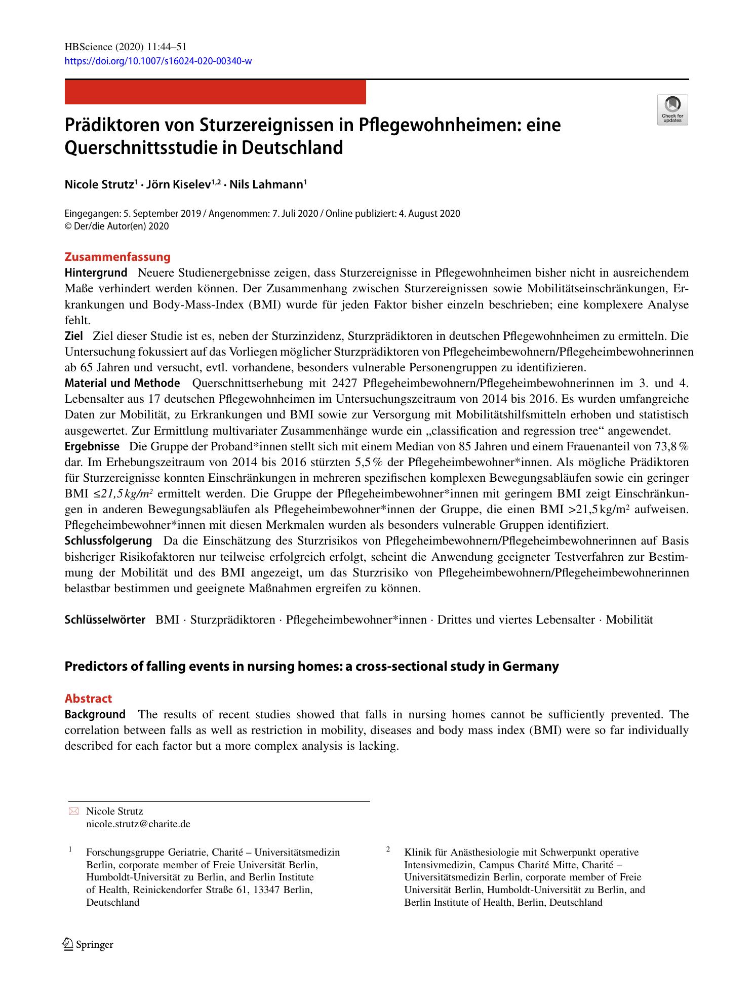 Vorschauseite 1: Prädiktoren von Sturzereignissen in Pflegewohnheimen: eine Querschnittsstudie in Deutschland