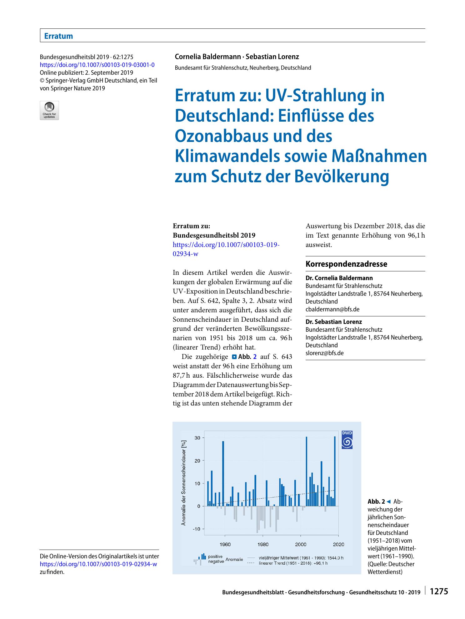 Vorschauseite 1: Erratum zu: UV-Strahlung in Deutschland: Einflüsse des Ozonabbaus und des Klimawandels sowie Maßnahmen zum Schutz der Bevölkerung