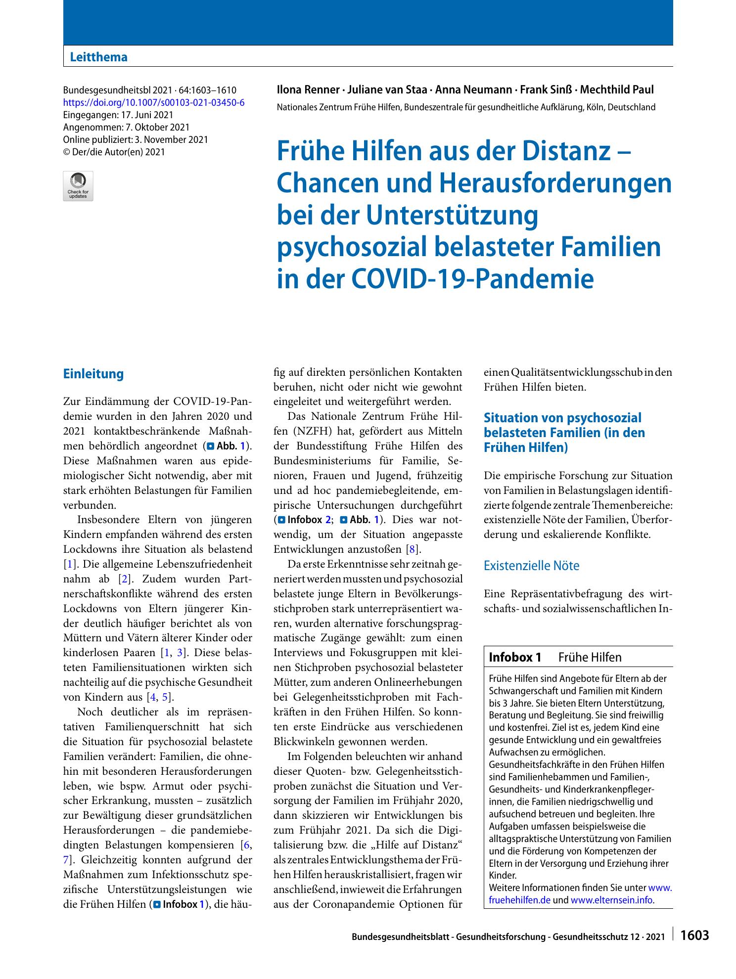 Vorschauseite 1: Frühe Hilfen aus der Distanz – Chancen und Herausforderungen bei der Unterstützung psychosozial belasteter Familien in der COVID-19-Pandemie