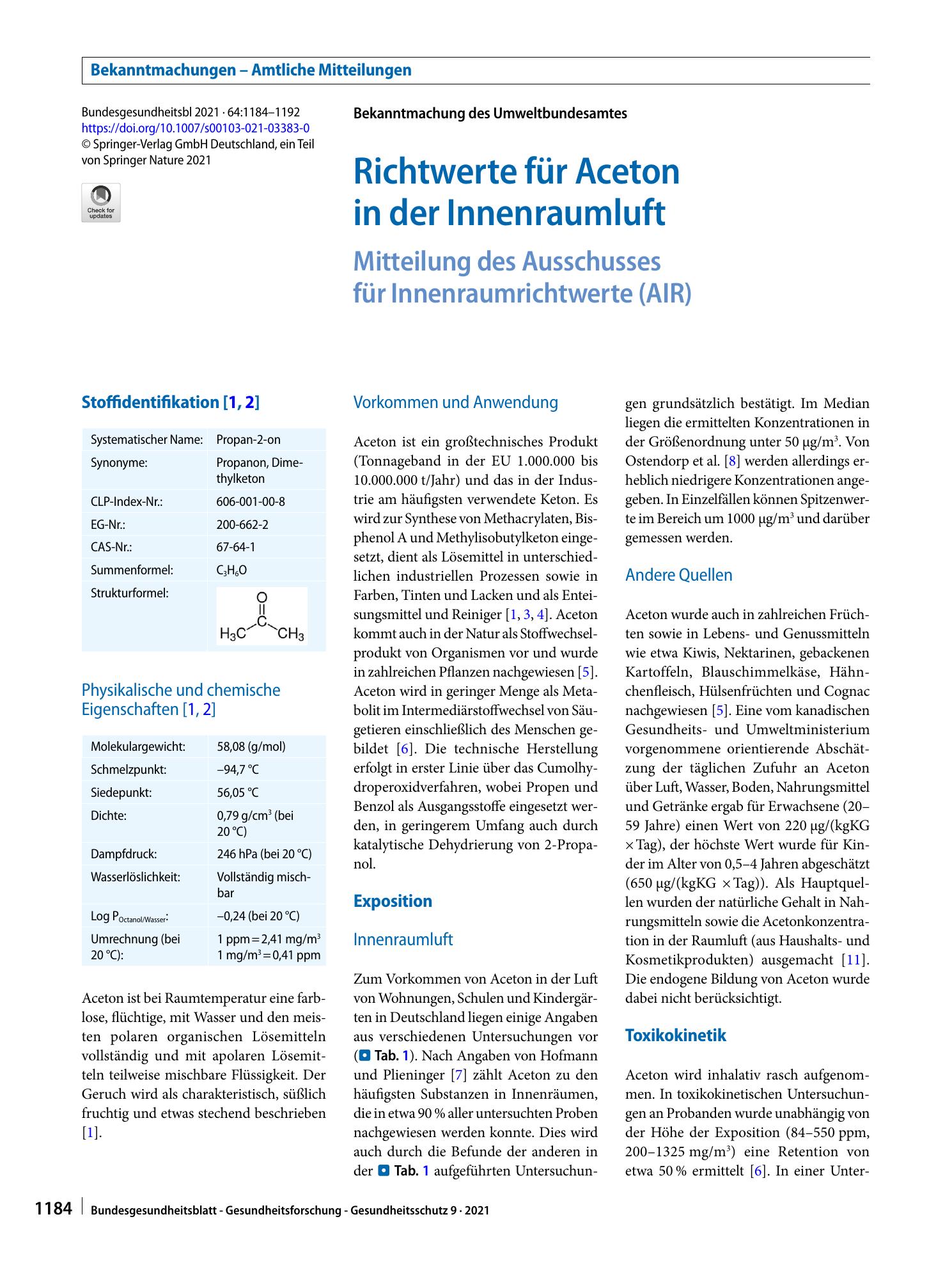 Vorschauseite 1: Richtwerte für Aceton in der Innenraumluft