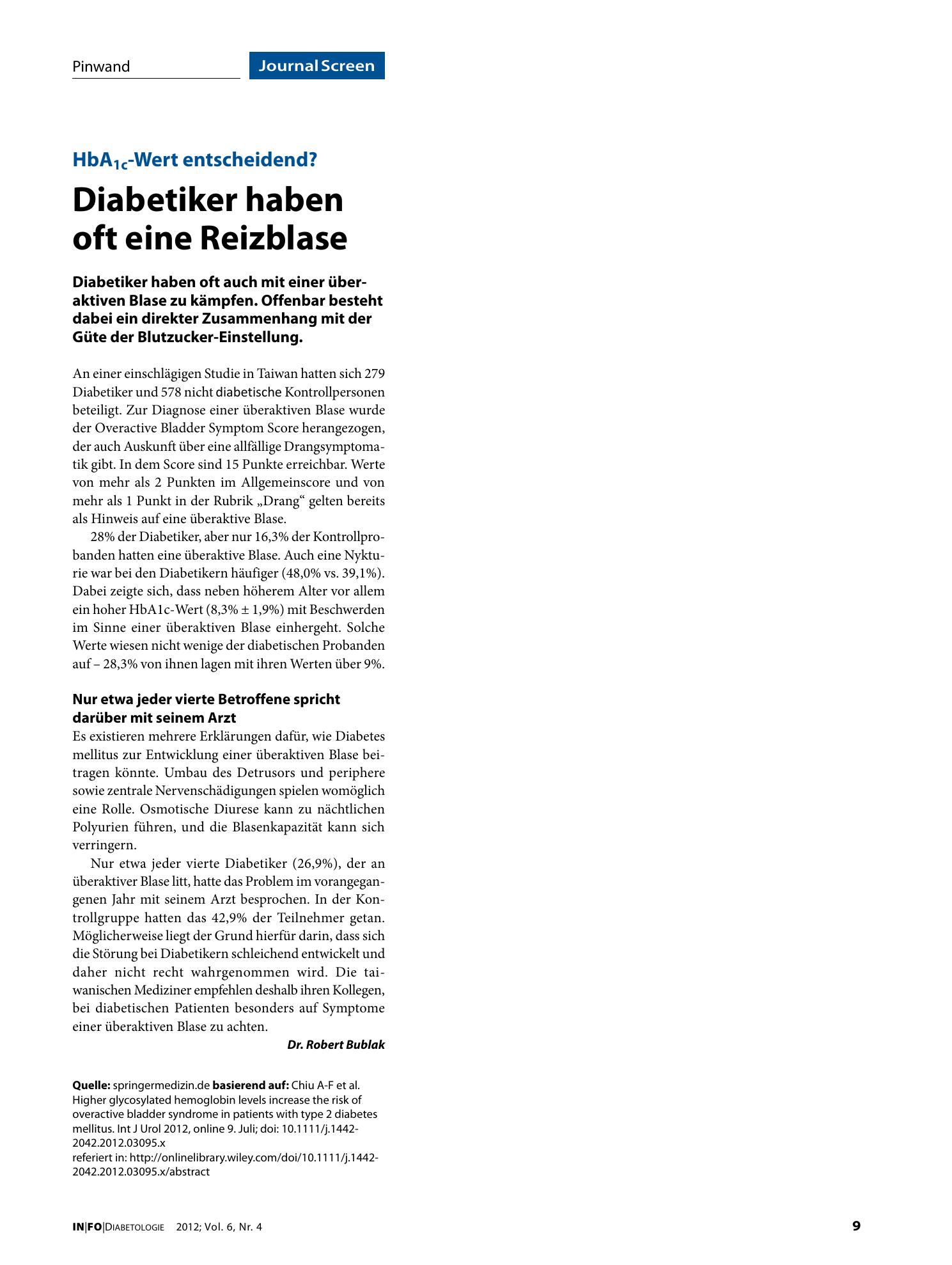 Vorschauseite 1: Diabetiker haben oft eine Reizblase