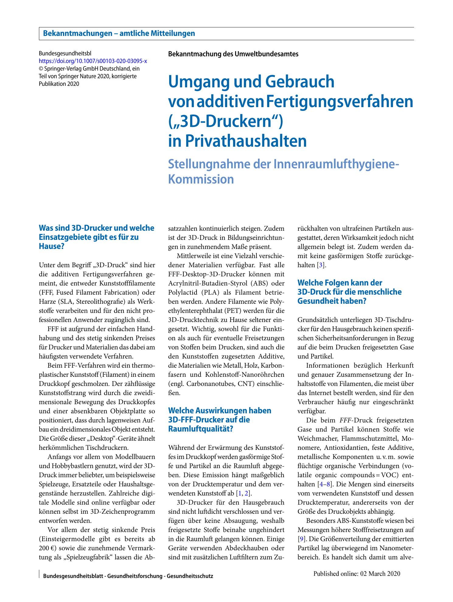 Vorschauseite 1: Umgang und Gebrauch von additiven Fertigungsverfahren („3D-Druckern“) in Privathaushalten