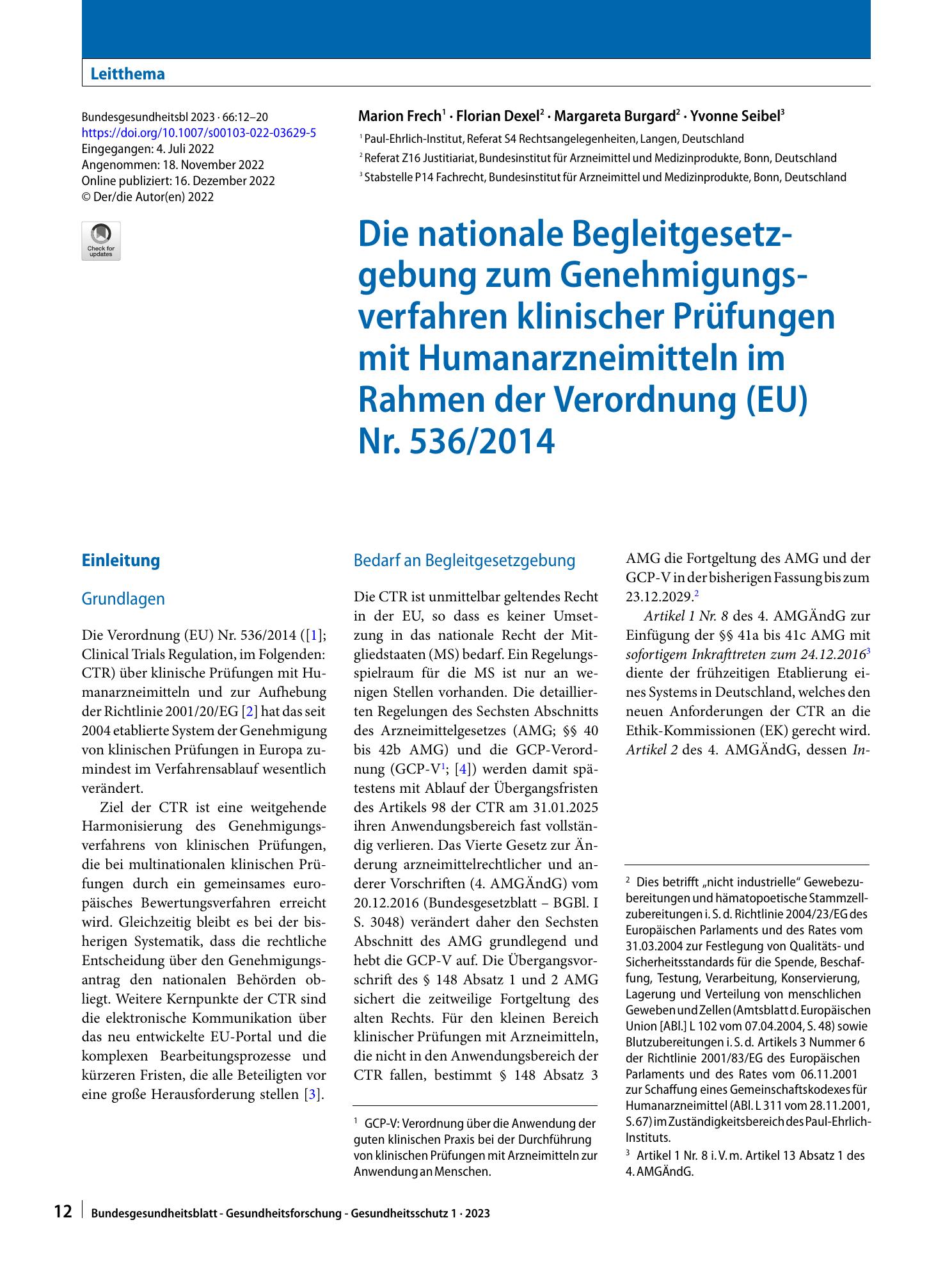 Vorschauseite 1: Die nationale Begleitgesetzgebung zum Genehmigungsverfahren klinischer Prüfungen mit Humanarzneimitteln im Rahmen der Verordnung (EU) Nr. 536/2014