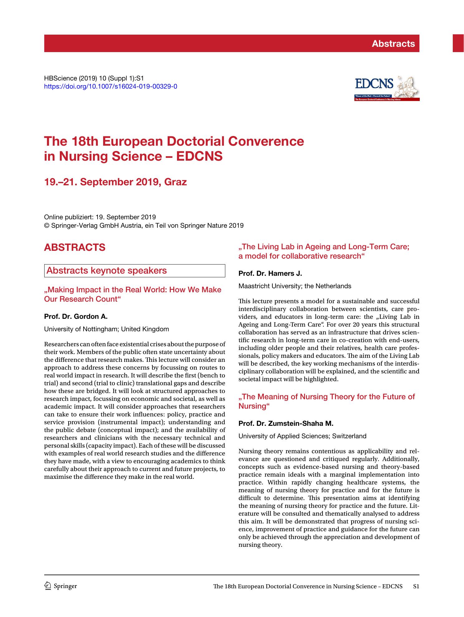 Vorschauseite 1: The 18th European Doctorial Converence in Nursing Science – EDCNS