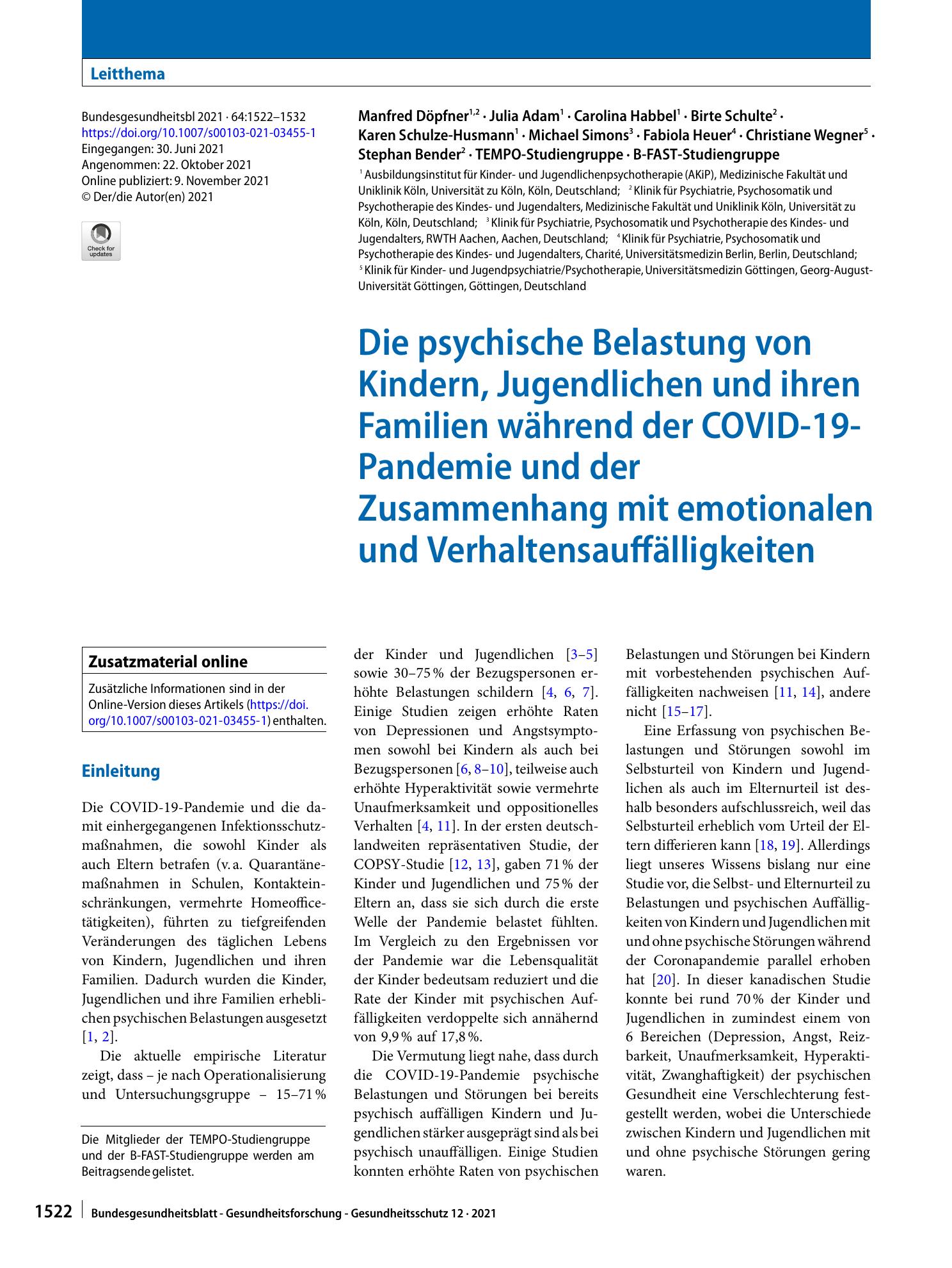 Vorschauseite 1: Die psychische Belastung von Kindern, Jugendlichen und ihren Familien während der COVID-19-Pandemie und der Zusammenhang mit emotionalen und Verhaltensauffälligkeiten