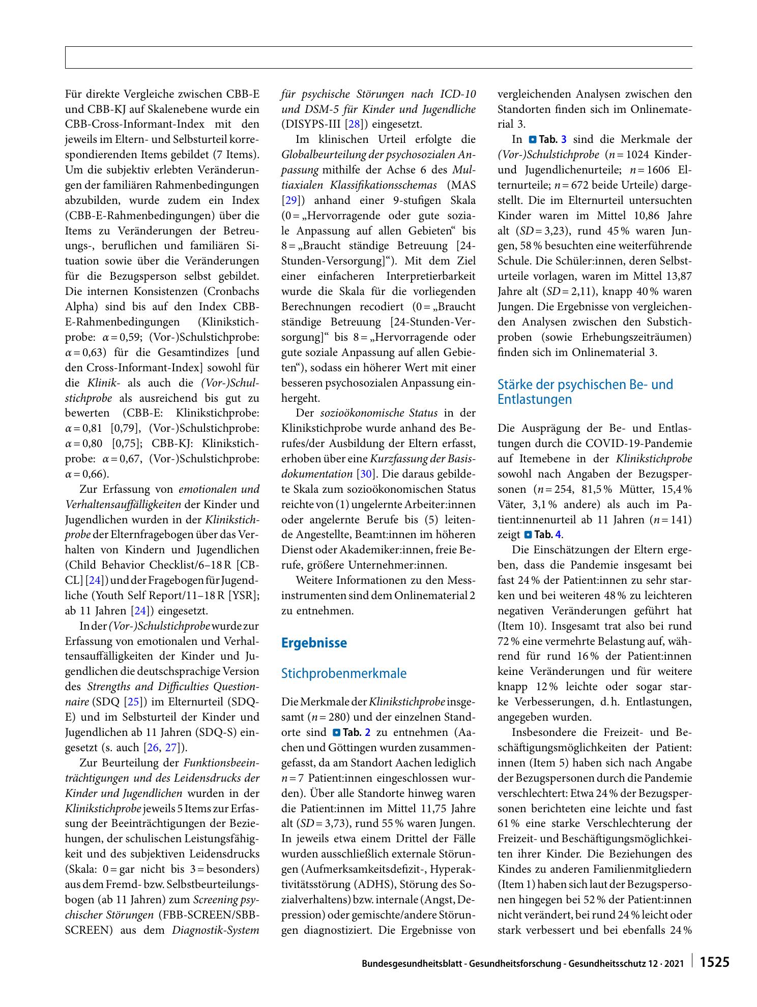 Vorschauseite 4: Die psychische Belastung von Kindern, Jugendlichen und ihren Familien während der COVID-19-Pandemie und der Zusammenhang mit emotionalen und Verhaltensauffälligkeiten