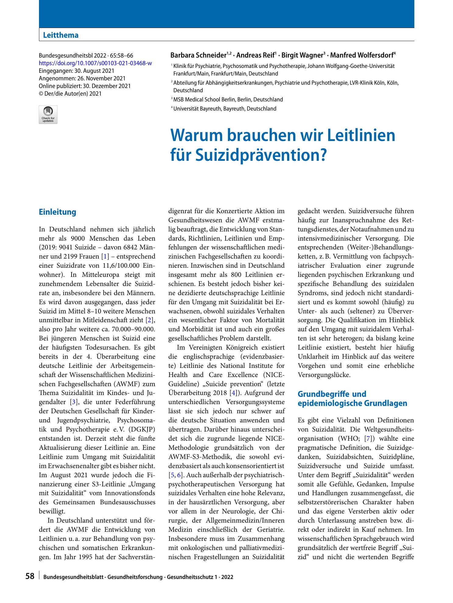 Vorschauseite 1: Warum brauchen wir Leitlinien für Suizidprävention?