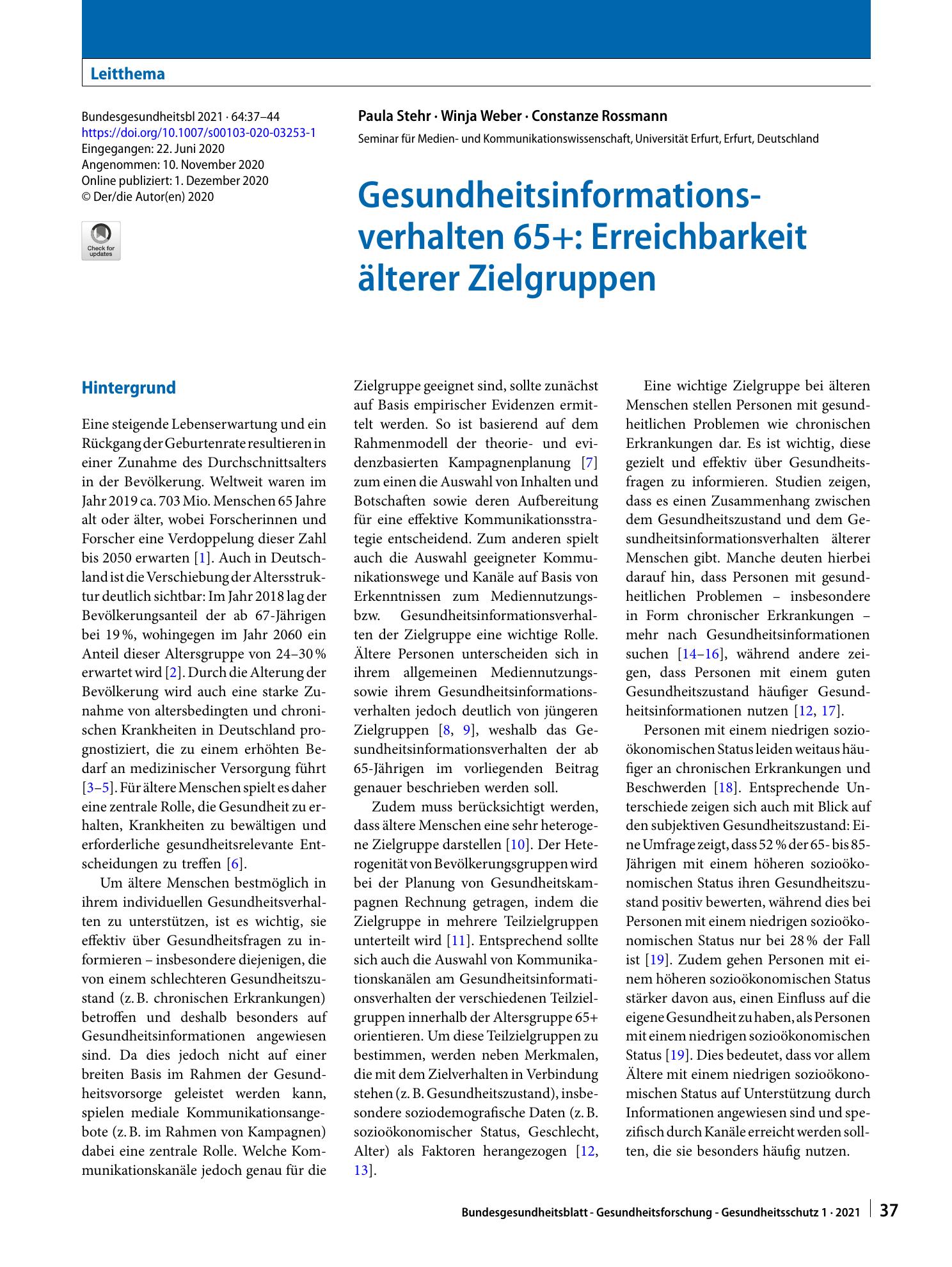 Vorschauseite 1: Gesundheitsinformationsverhalten 65+: Erreichbarkeit älterer Zielgruppen